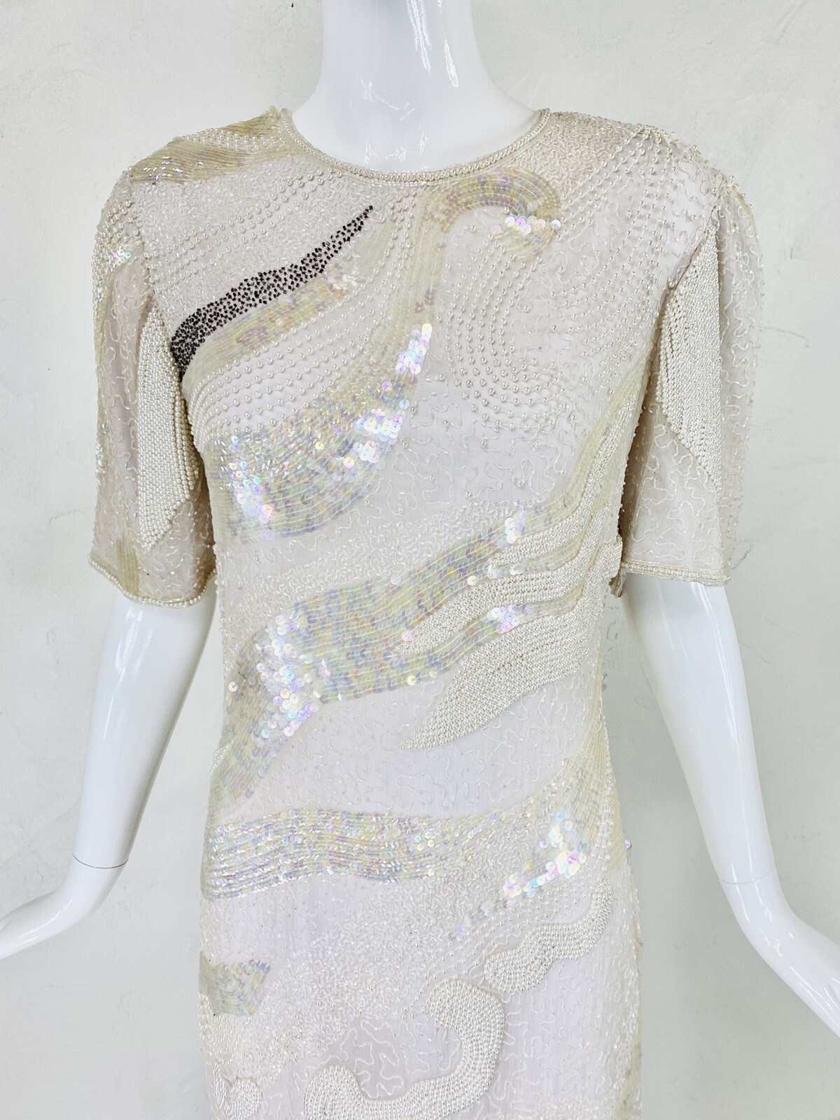 Vtg MODI Off White Champagne Silk Bead Sequin Evening Cocktail Wedding Dress, S