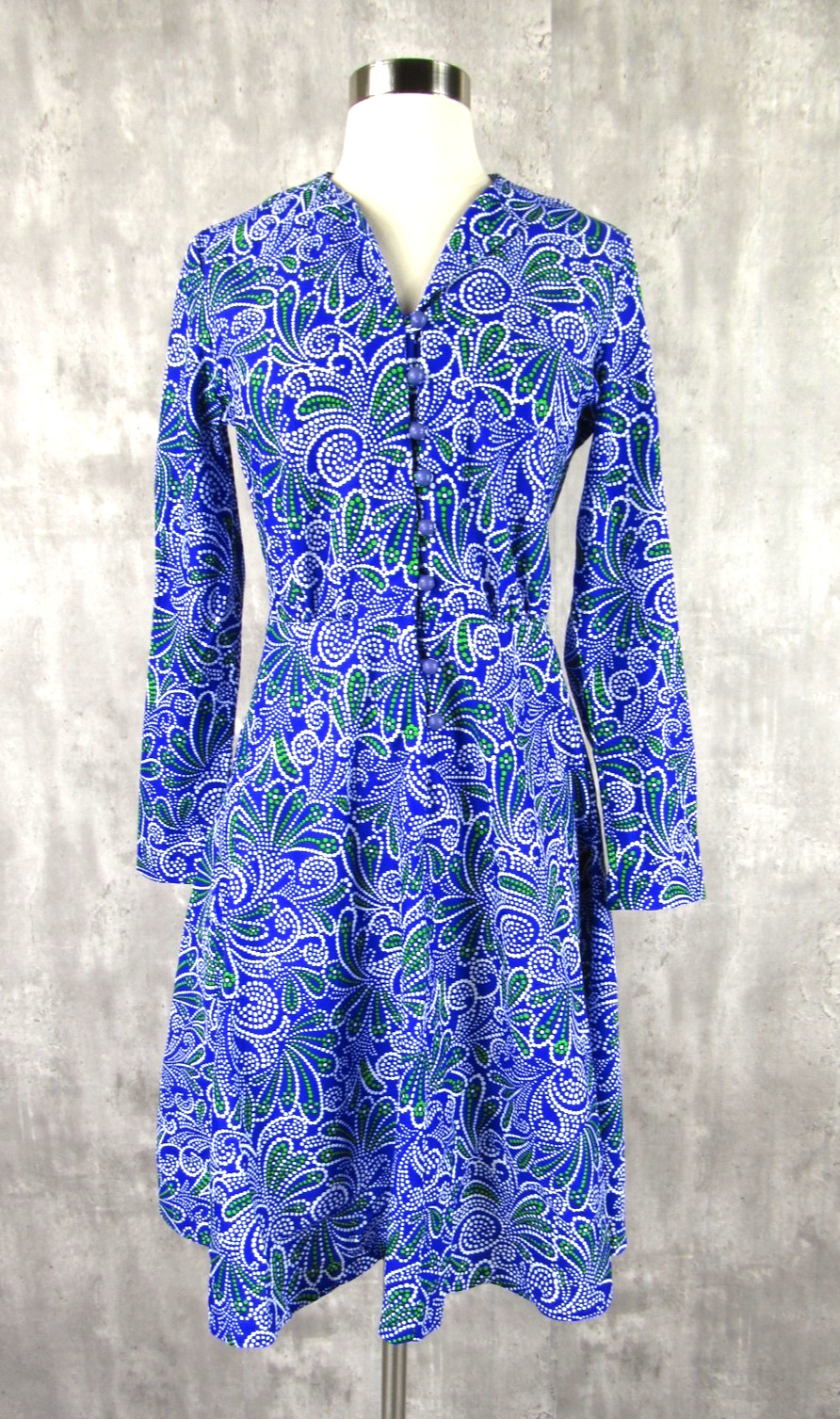 Vtg 70s Psychedelic Print Mini Dress Hippie All Over Print Purple Green