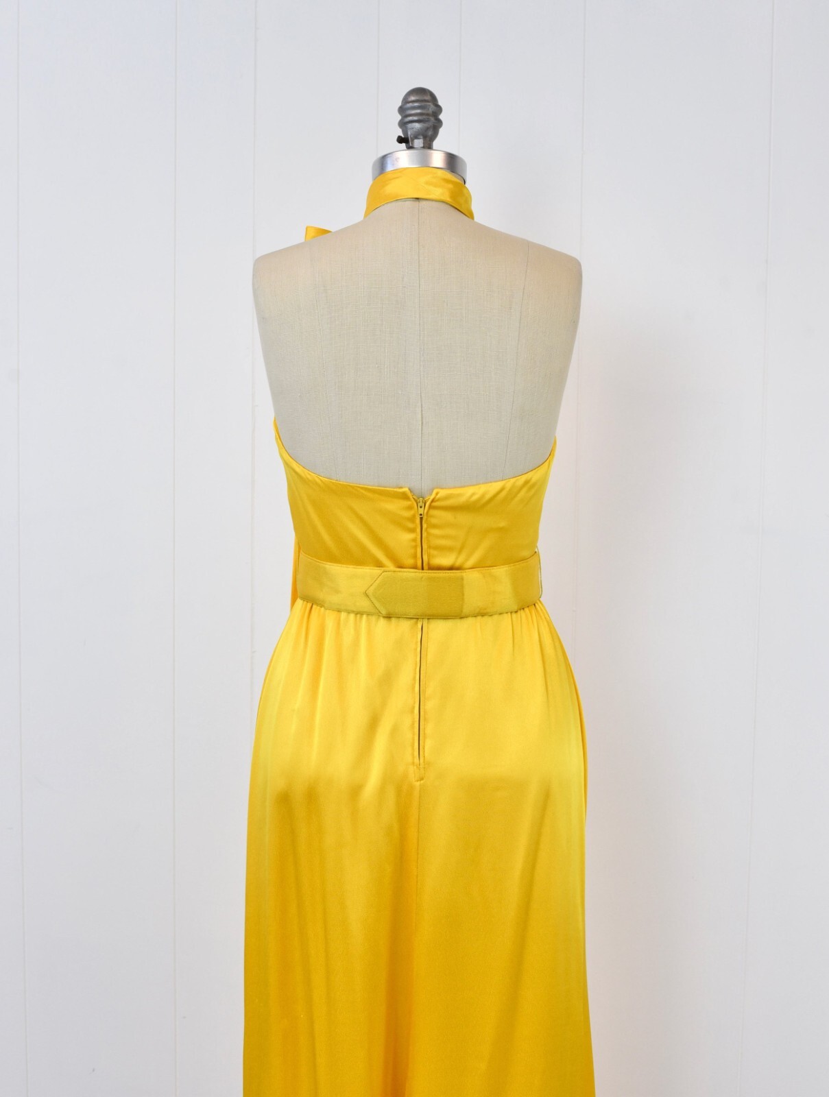 Vintage 1970s Oscar de la Renta Yellow Bow Rhinestone Belt Party Dress Gown