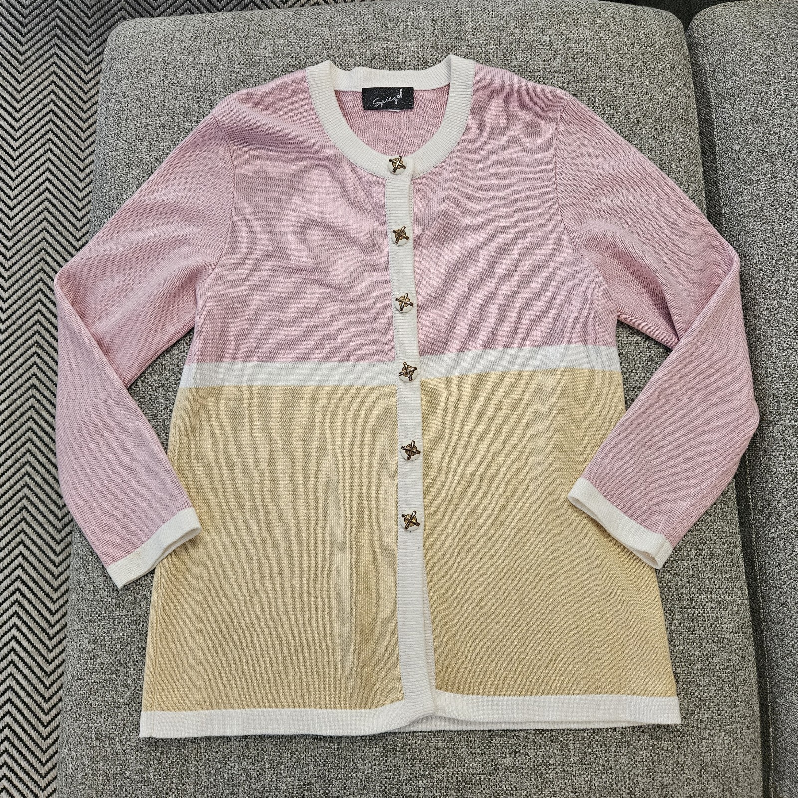 Vintage 80s Spiegel Colorblock Cardigan Sweater Pink Yellow Creme Large Granny