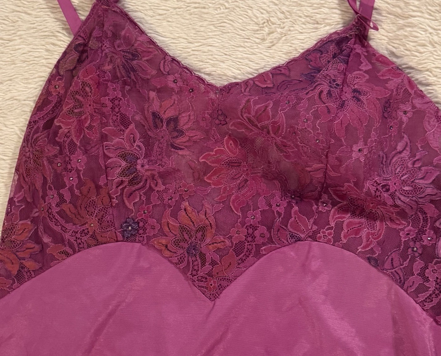 Unique Rare Fuchsia Rhinestone Detailed Lace Slip Vintage Lingerie Sz L 12 / 14