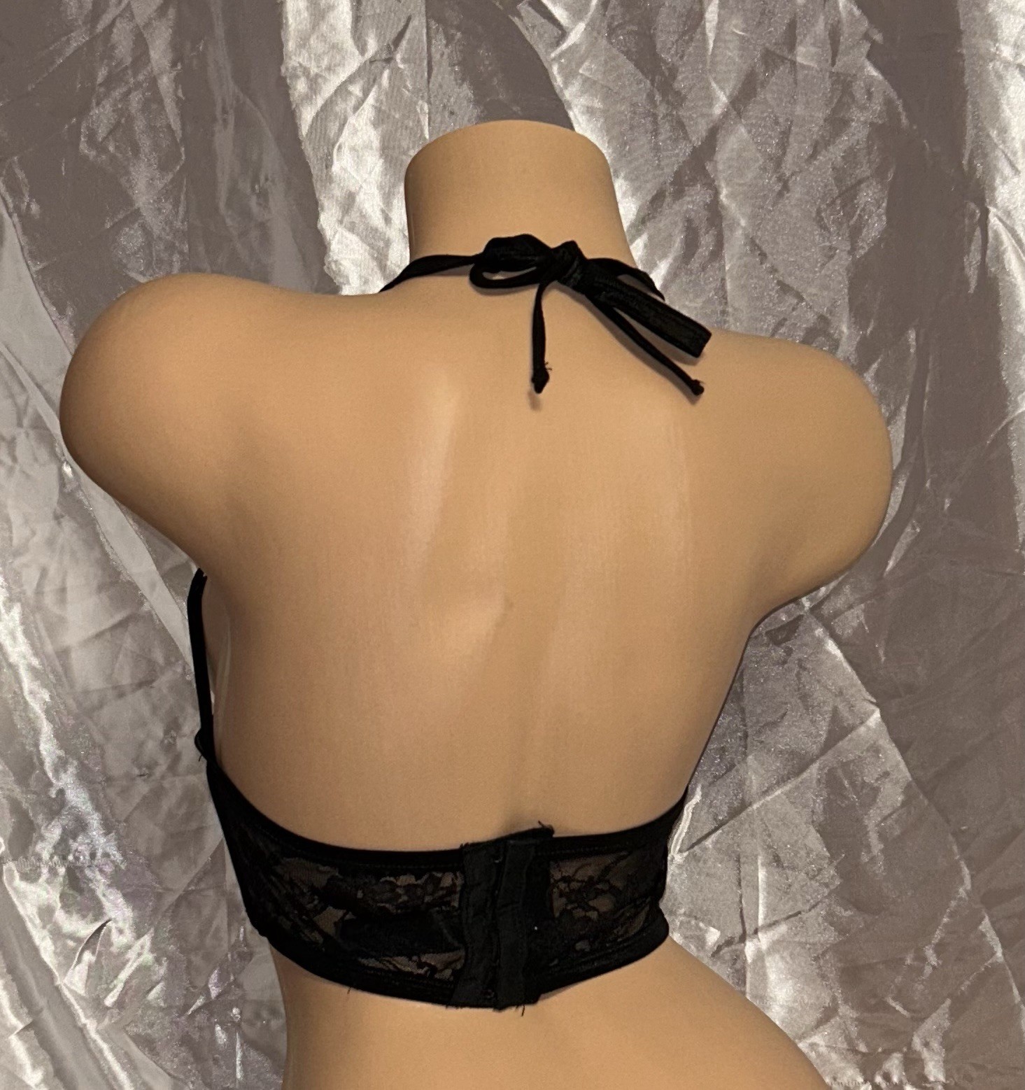 Black Sheer Lace Underwire Boned Tie Around Neck Bra Brassiere Bustier