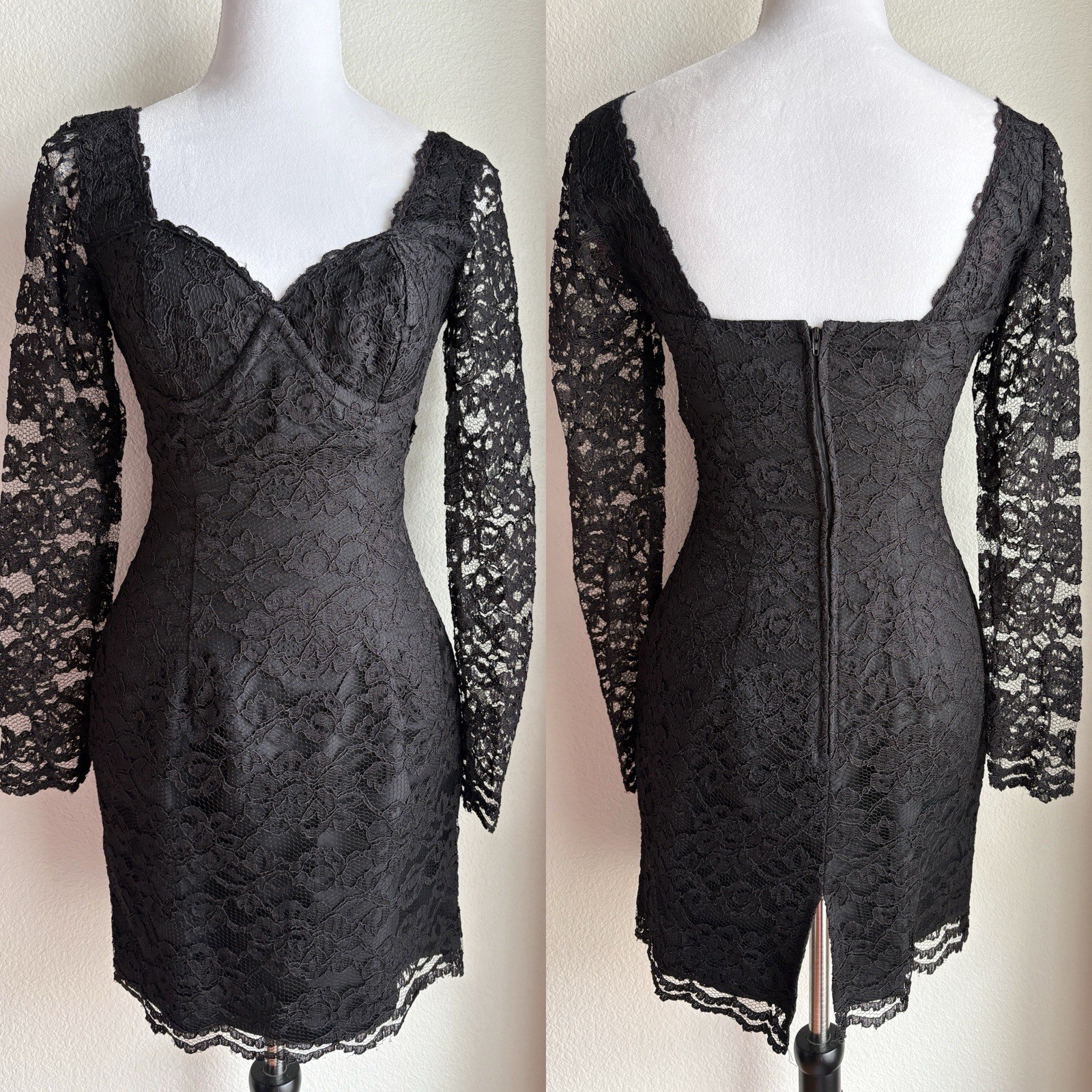 Vintage 90s Era Moda International Black Lace Puff Sleeve Sweetheart Dress 4P