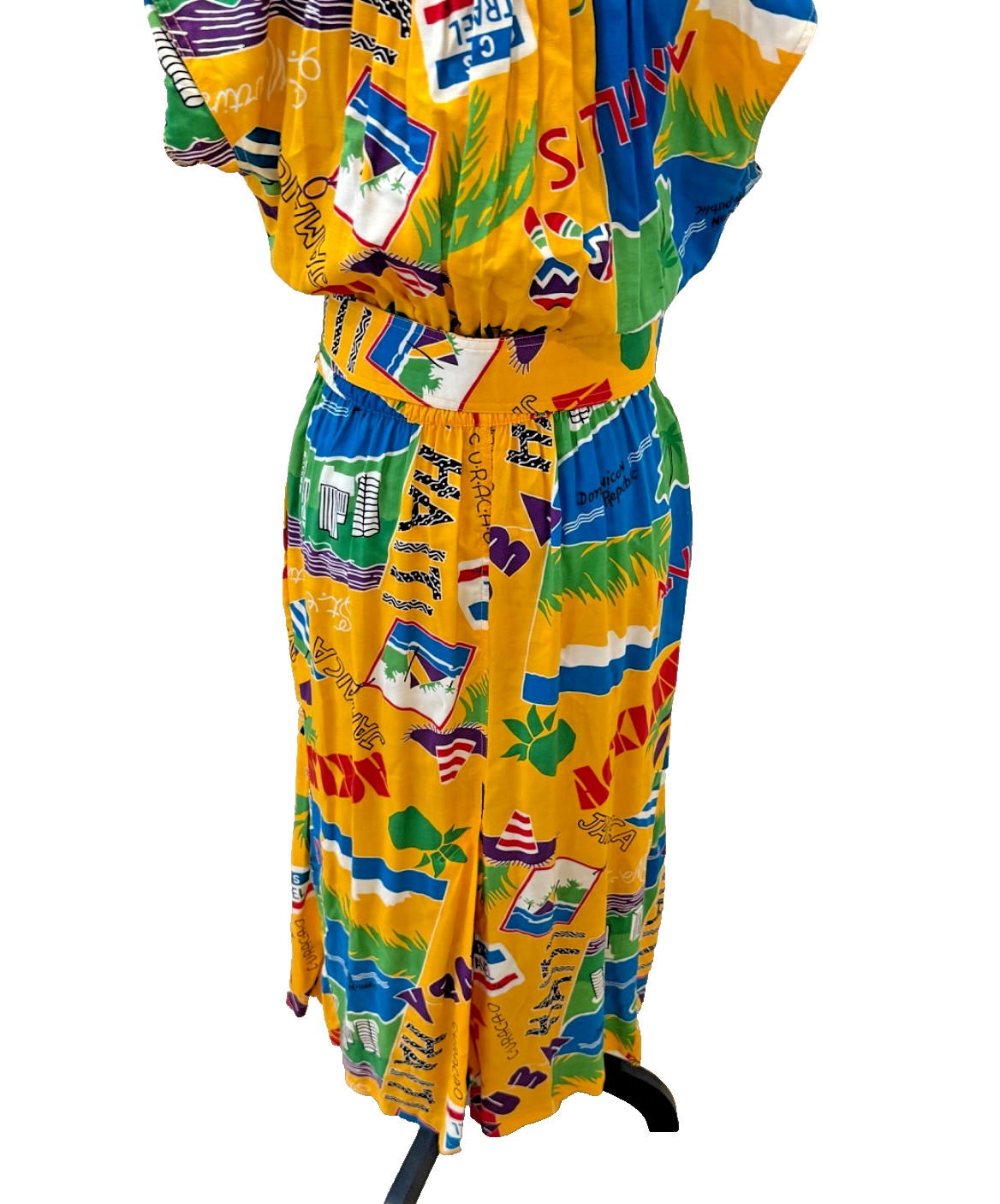 Vintage 1980s Karen Alexander Caribbean Print Belted Midi Dress Tropical Size 10