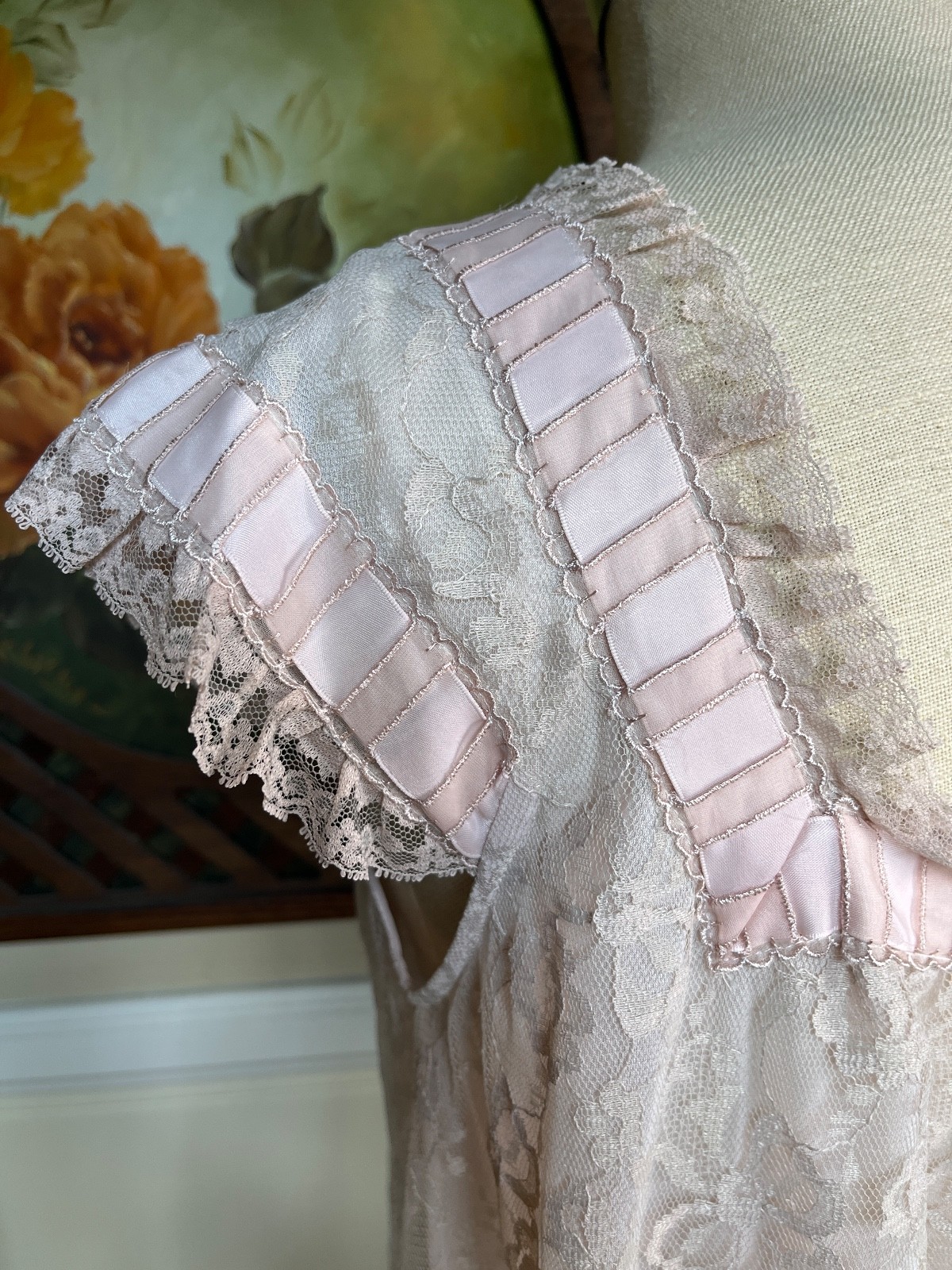 VTG Odette Barsa Floral Lace Robe & Pink Chiffon Nightgown Peignoir Coquette M/L