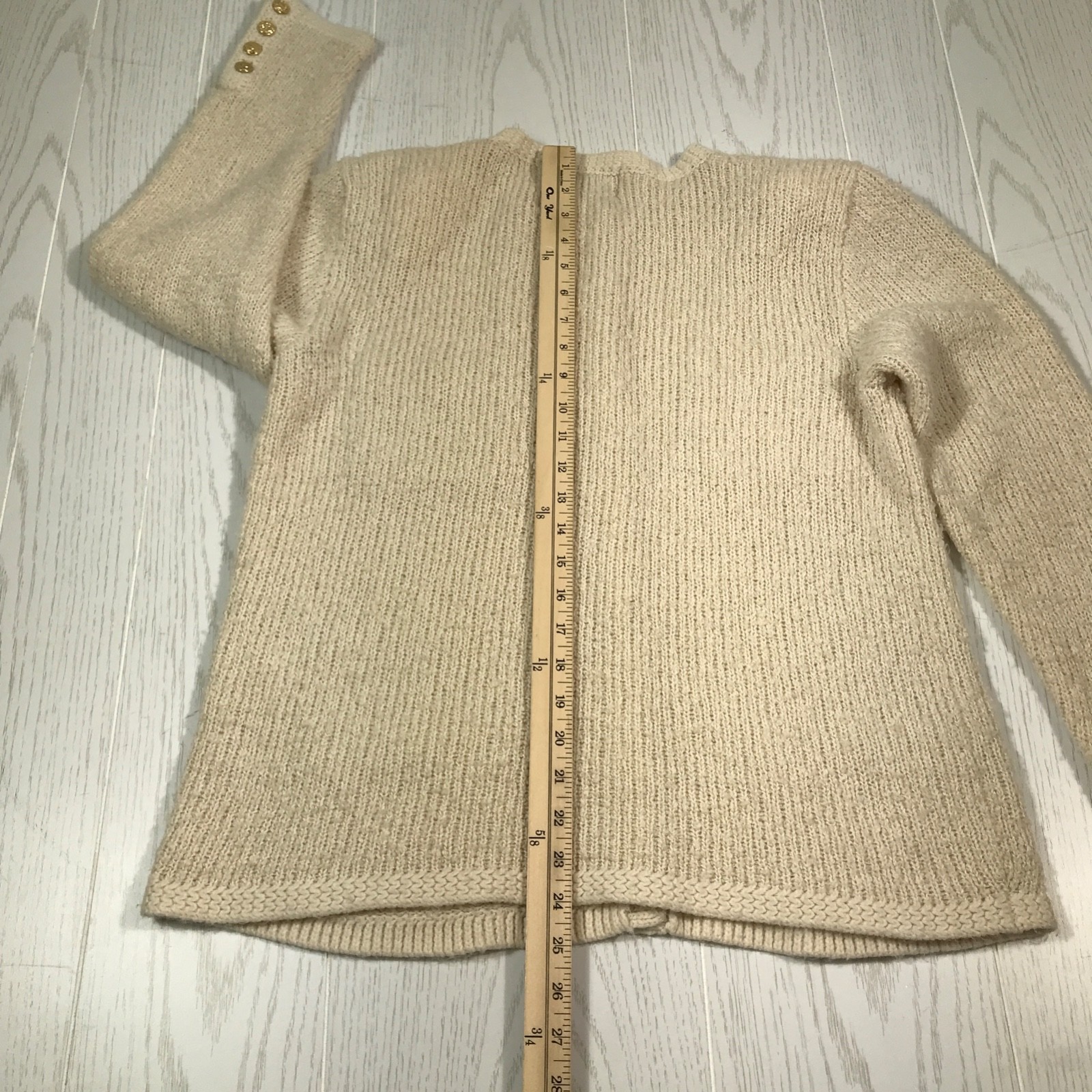 Vintage 80s Granny Sweater Women M Beige Tanner Acrylic Cardigan 4 Pockets Ugly