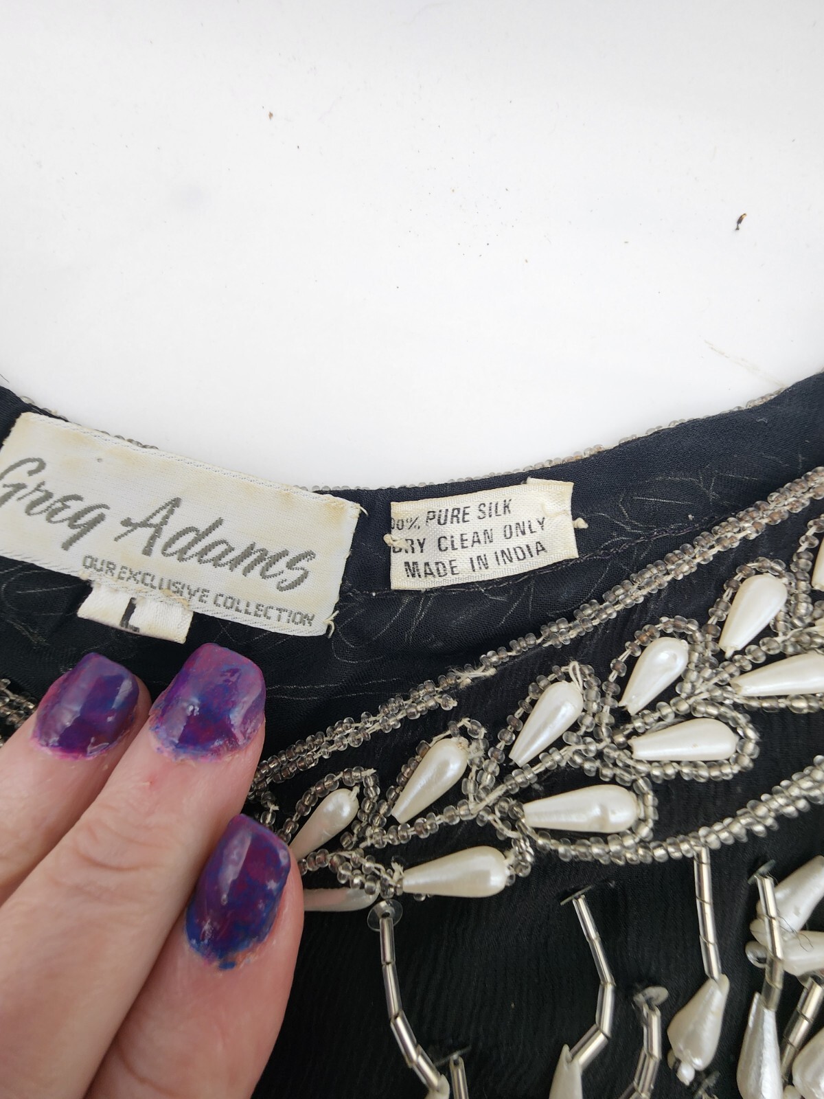 Black Silk Blouse Women’s Large Beaded Top Vtg Greg Adams Shirt 1980s Evening