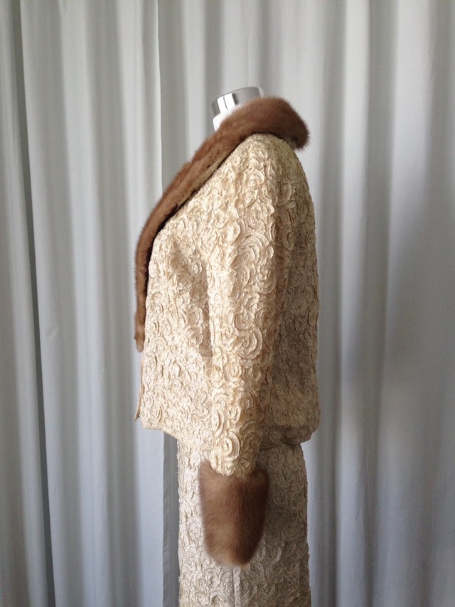 Vintage 60’s Freedman’s Boutique Dresses Ivory 3 Pcs Skirt Set With Mink Trims