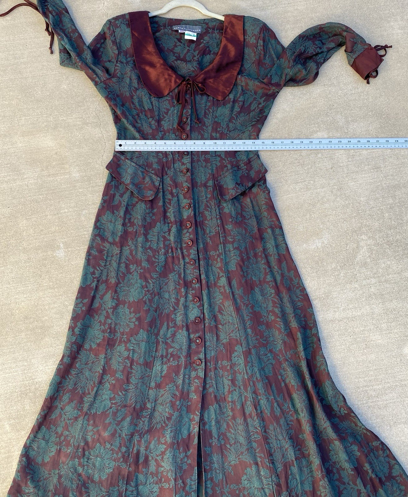Vintage 80s 90s Karen Alexander Floral Jacquard Maxi Dress Burgundy Green USA 8