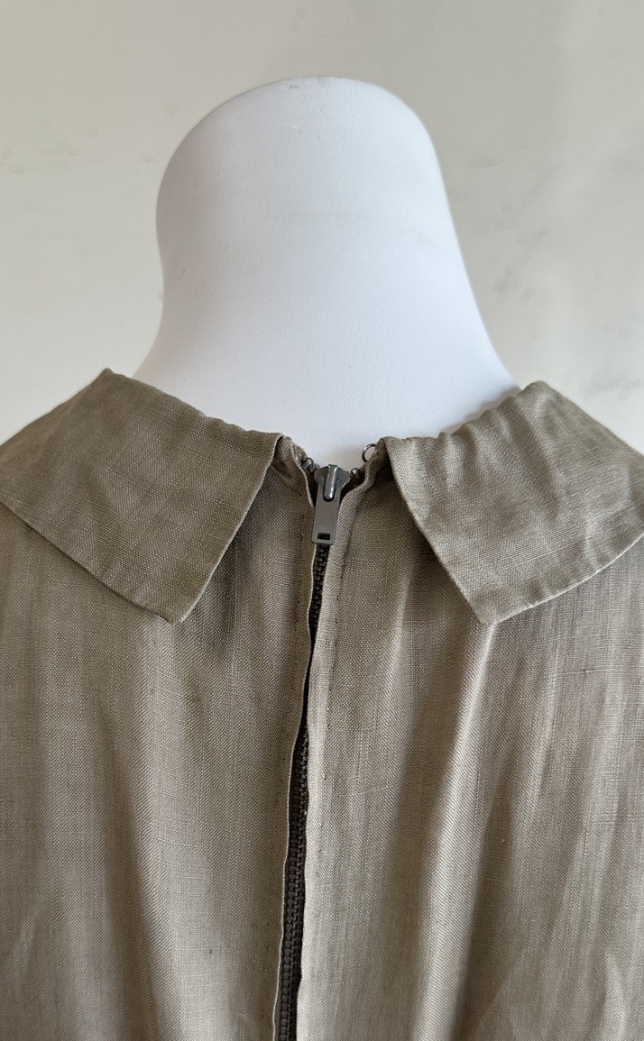 1940s 1950s Olive Green Dress Peter Pan Collar Rayon Linen Feel