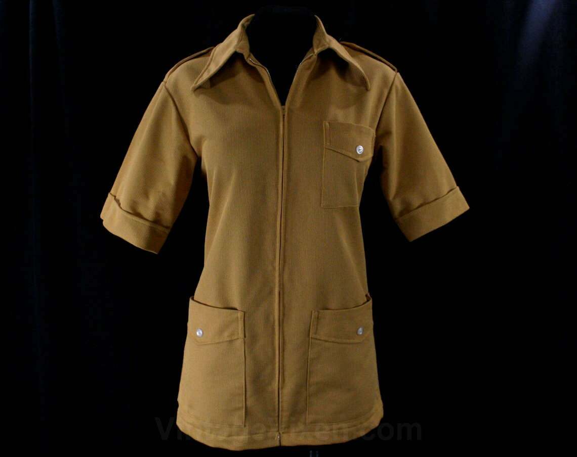 Size 8 1960s Safari Shirt Mustard Yellow Polyester Top Stewardess Style Uniform