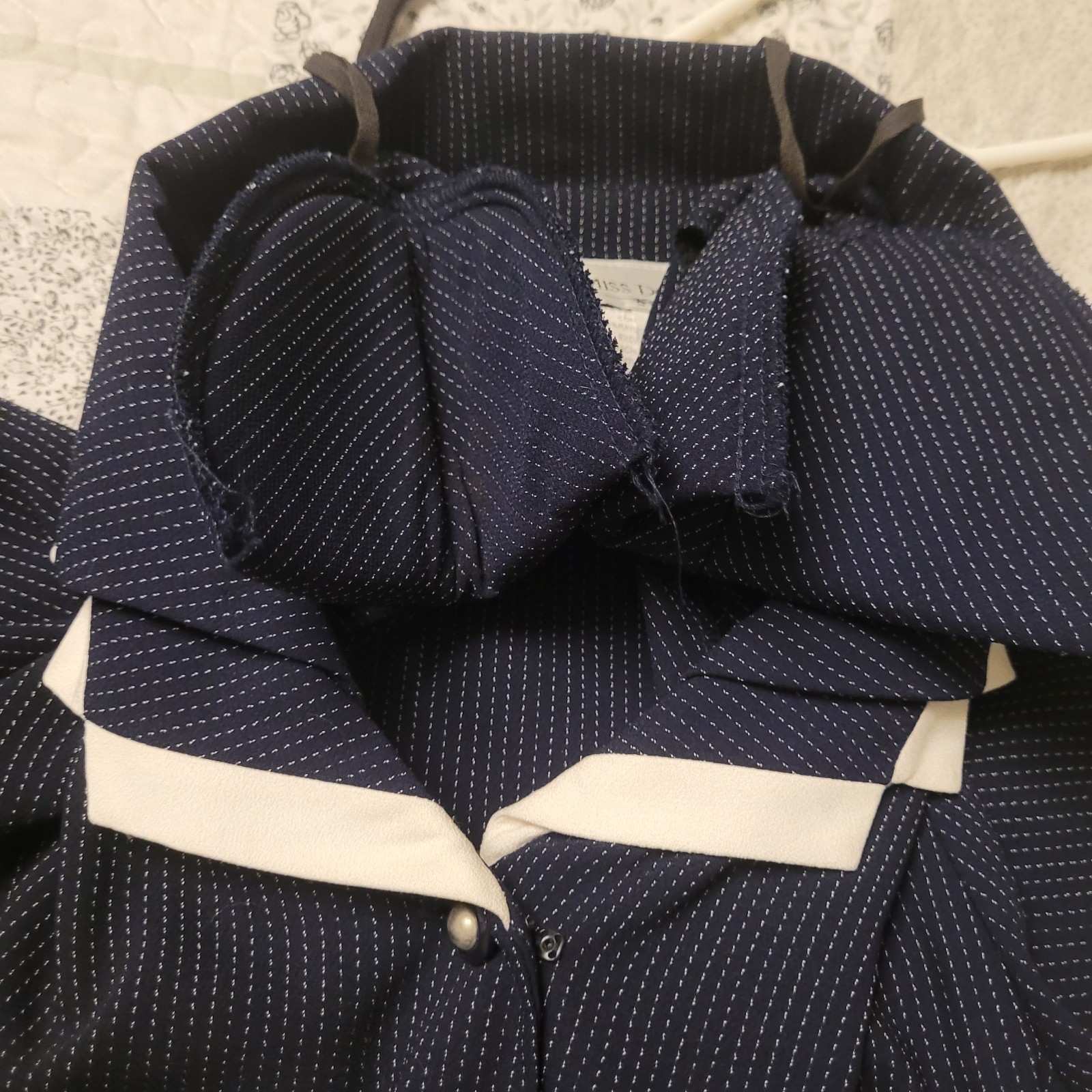 Miss Dorby Navy Blue Pinstripe Dress Cottagecore Nauticle Chic Professional S-16