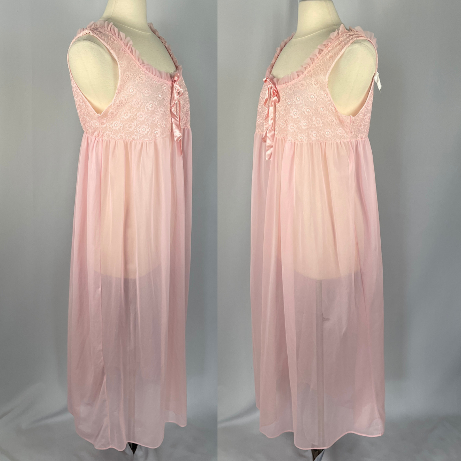 Vintage 70s Peignoir Set Large Pink Sheer Chiffon Lace Lingerie Babydoll 2 Piece