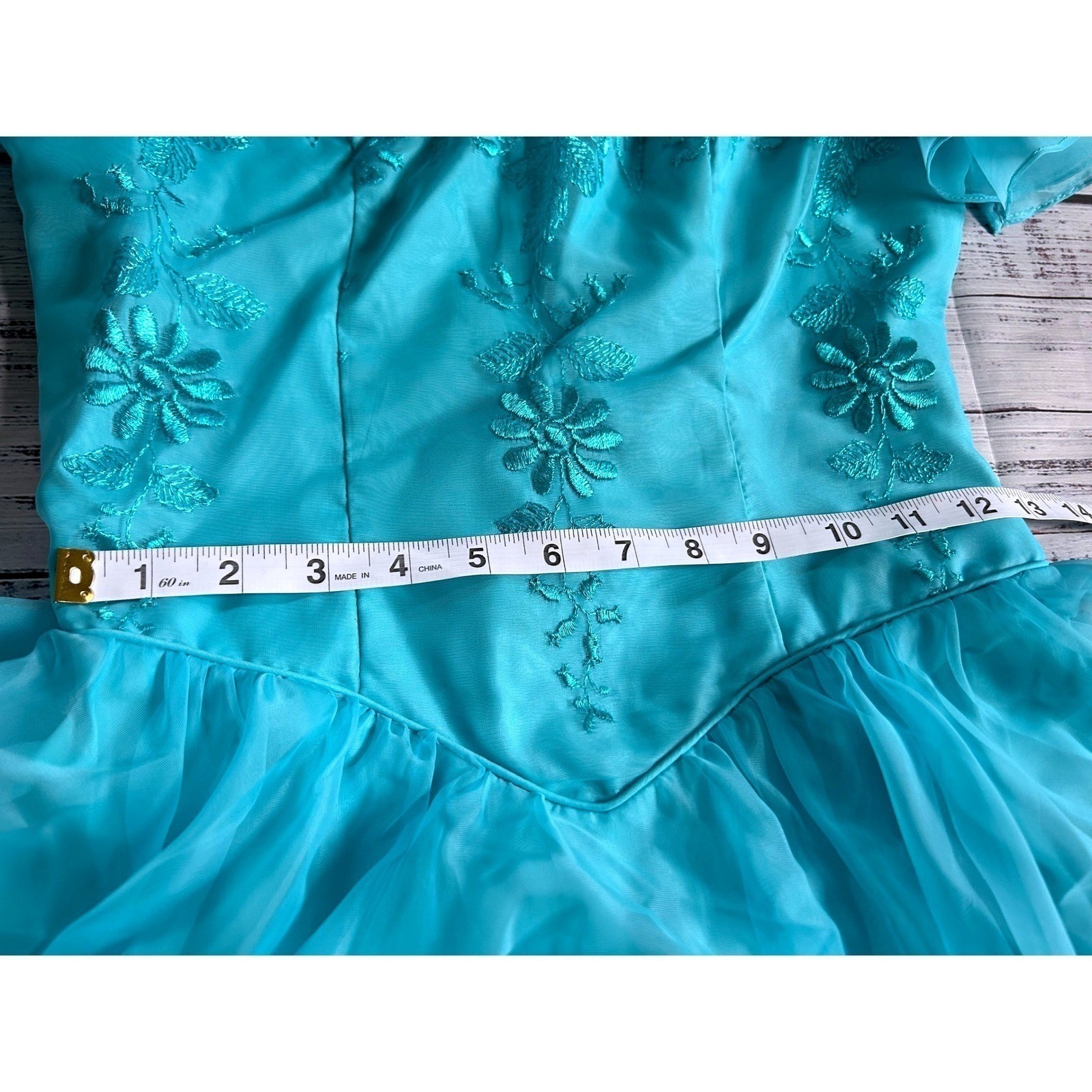 VTG Eve of Milady Formal Gown Bridesmaid Turquoise Embroidered Chiffon ILGWU 10