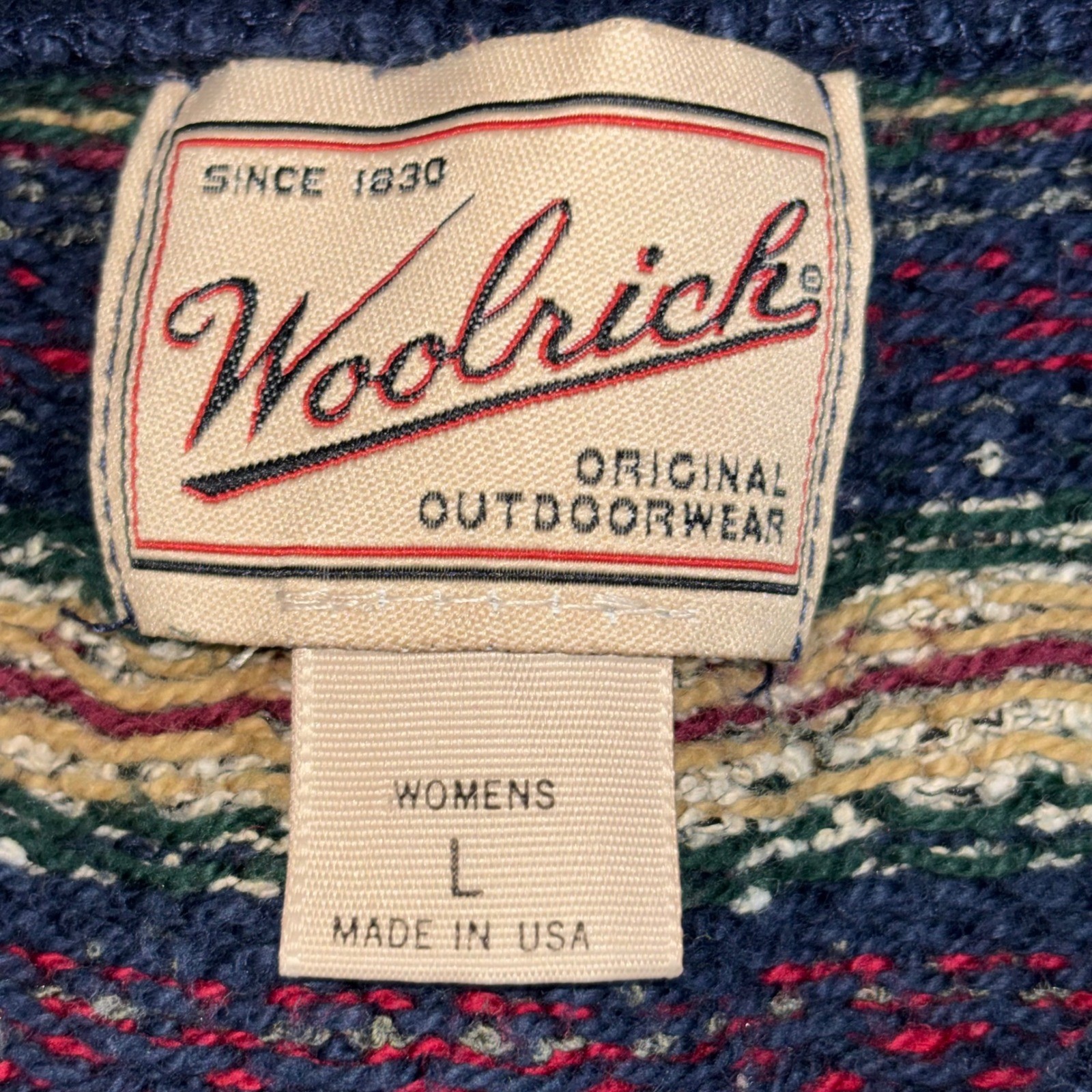 Woolrich Vintage USA Made Fair Isle Knit Sweater Navy Red Tan Womens Large
