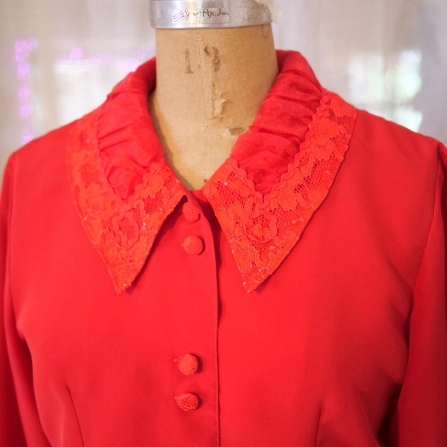 Vintage 60s OLEG CASSINI Burma Mod Red Blouse Top Lace Organza Portrait Collar M