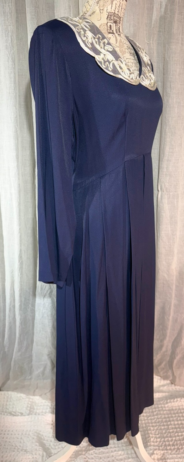 Deadstock NWT Vtg 90s EXPO Midi Dress Iridescent Navy LACE Soutache Collar 12