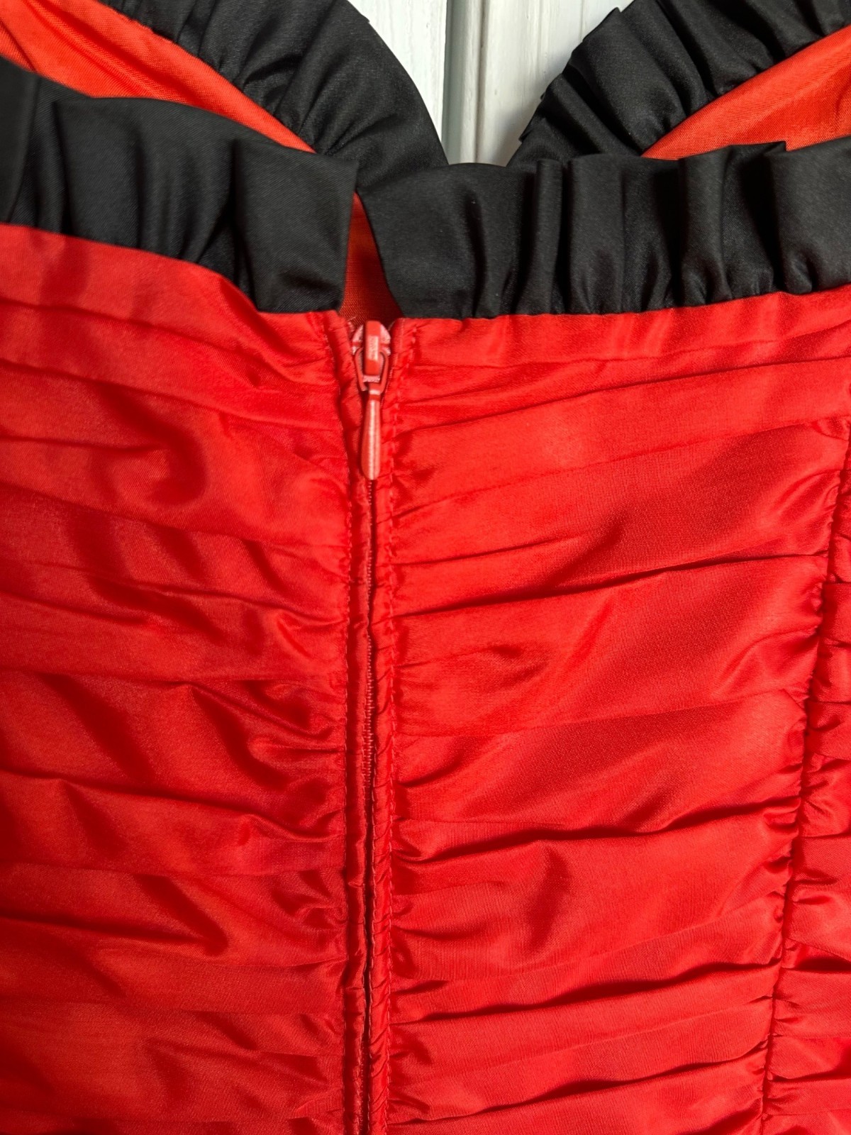 VTG Vera Mont France 42 Red Black Ruched Cocktail Party Dress Pin Up
