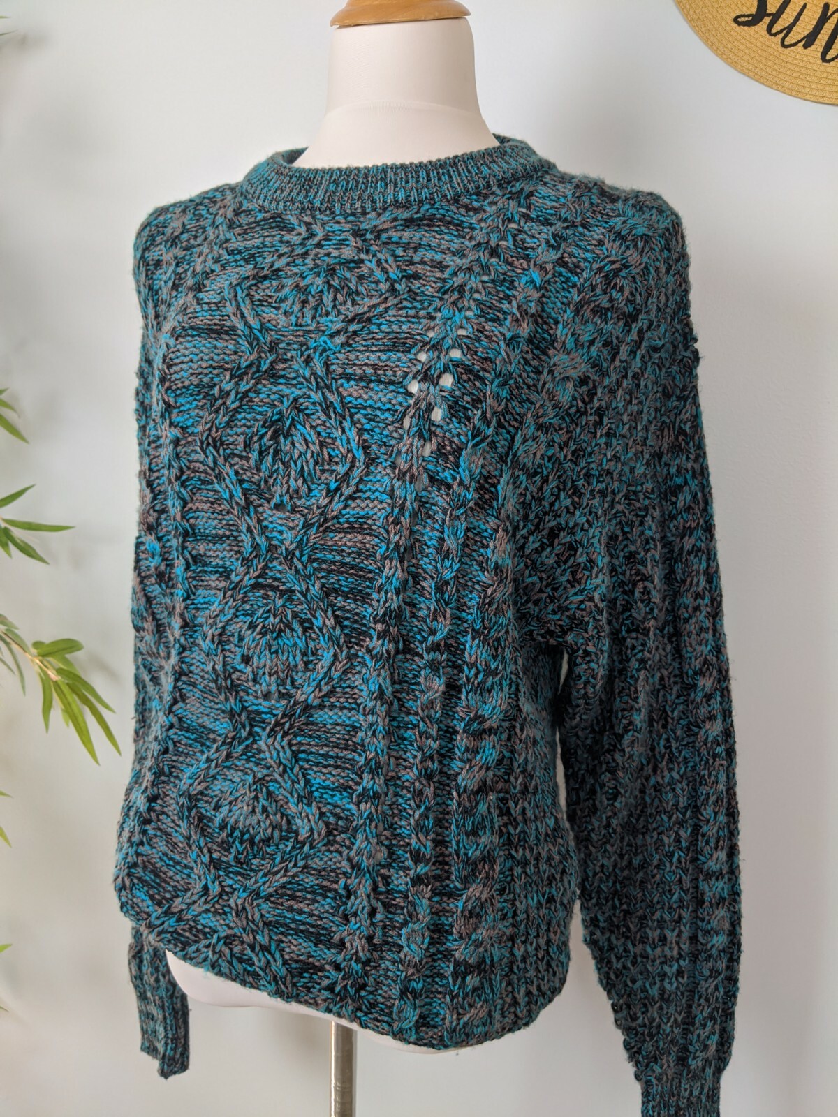 Vintage 80s 90s Chunky Knit Sweater Mens M Womens L Unique Teal Grey Tan