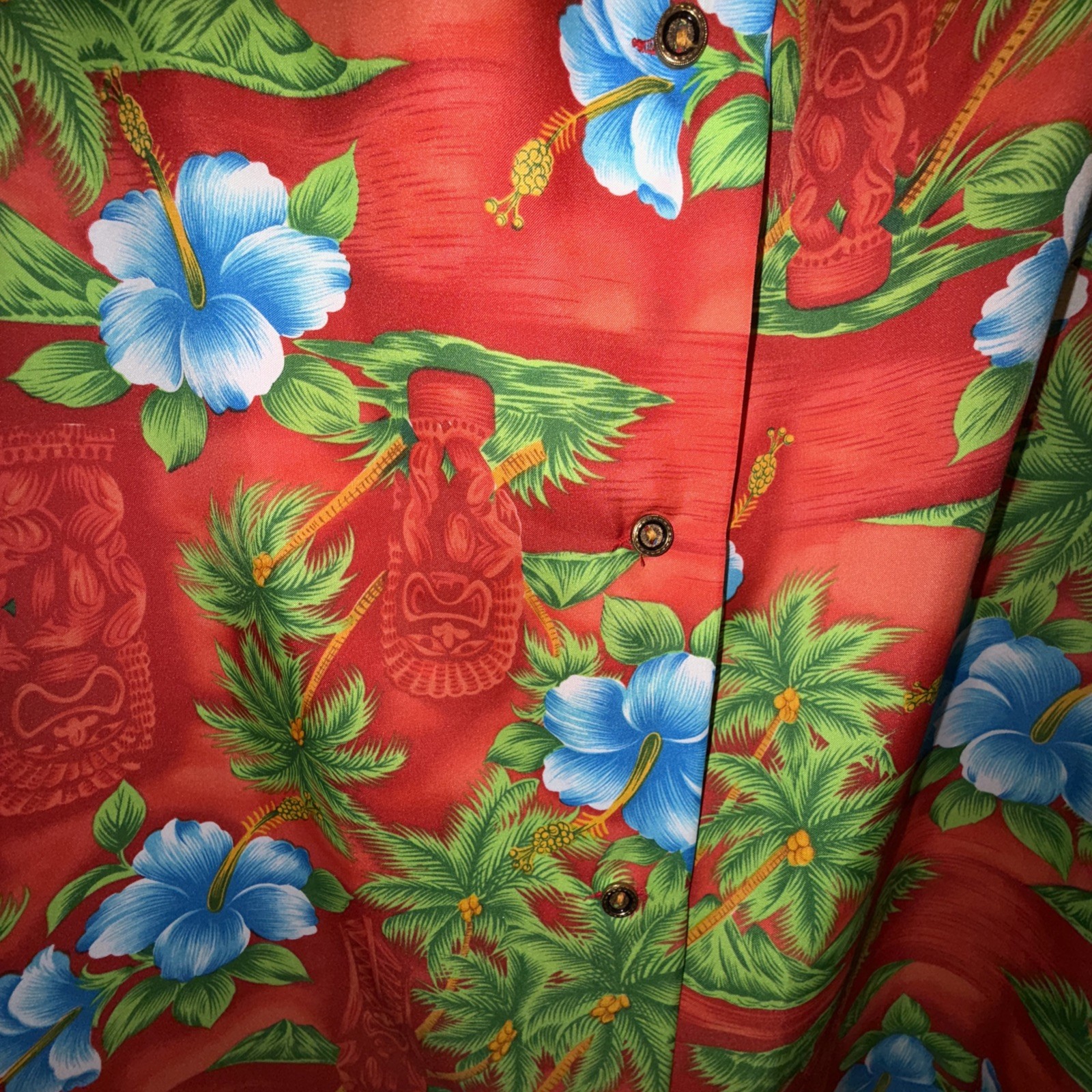 Vintage Hawaii House Dress Red Tropical Flowers Tikis Hawaiian Size 14 Muu Muu
