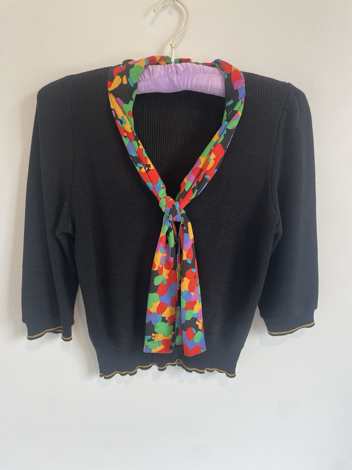 Vintage Vivanti Black Sweater W/ Color Scarf 3/4 Sleeve 1980s Made In USA Sz 10