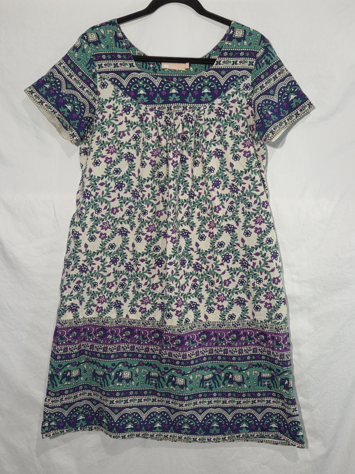 La Cera Shift Dress Womens Small Purple Teal Elephant Floral Cotton Boho Pockets