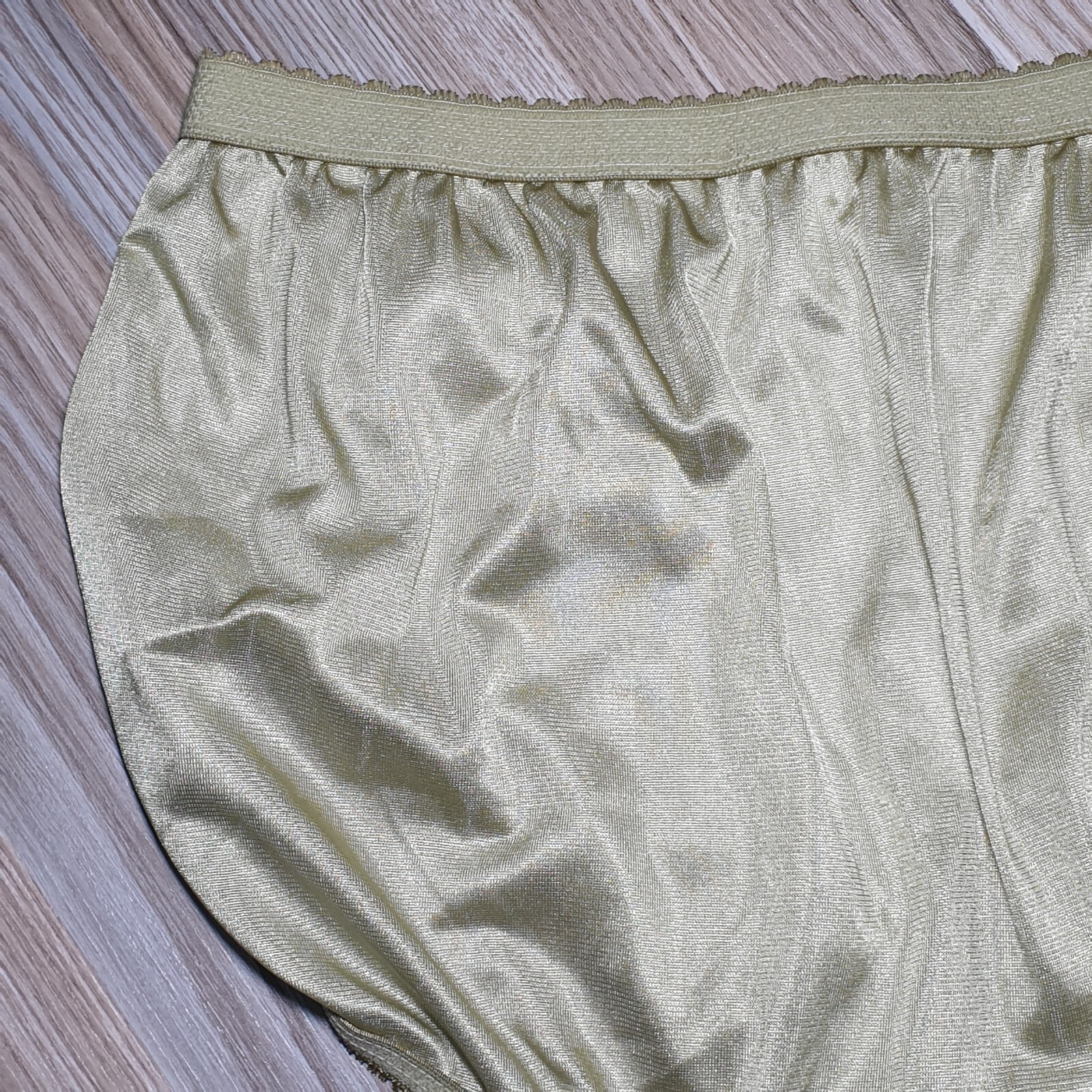 Vintage Silky Nylon Panty Olive Green Sissy Lace Granny Brief Size 8 Hip 40-44″