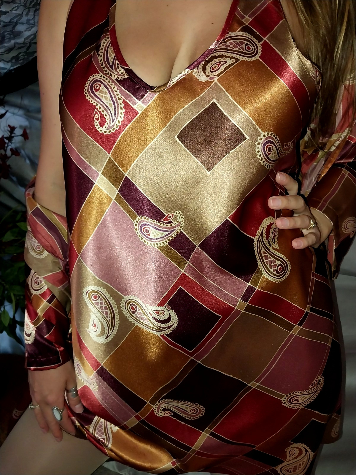 VTG SATIN SHINY GOLD BROWN ROSE PINK GEO PRINT BABYDOLL ROBE GOWN SET NOS L NEW