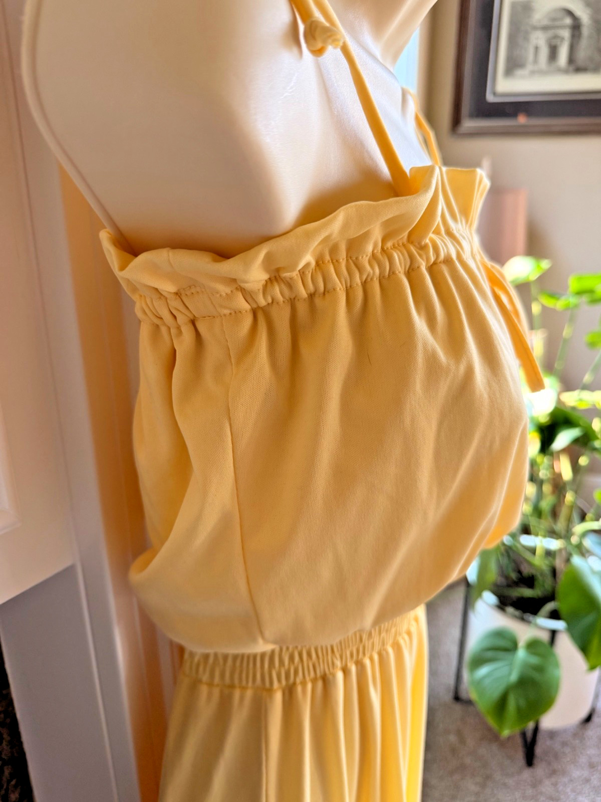 Vintage 70s Pale Yellow Floral Off Shoulder Draped Ruffle Summer Maxi Dress SM