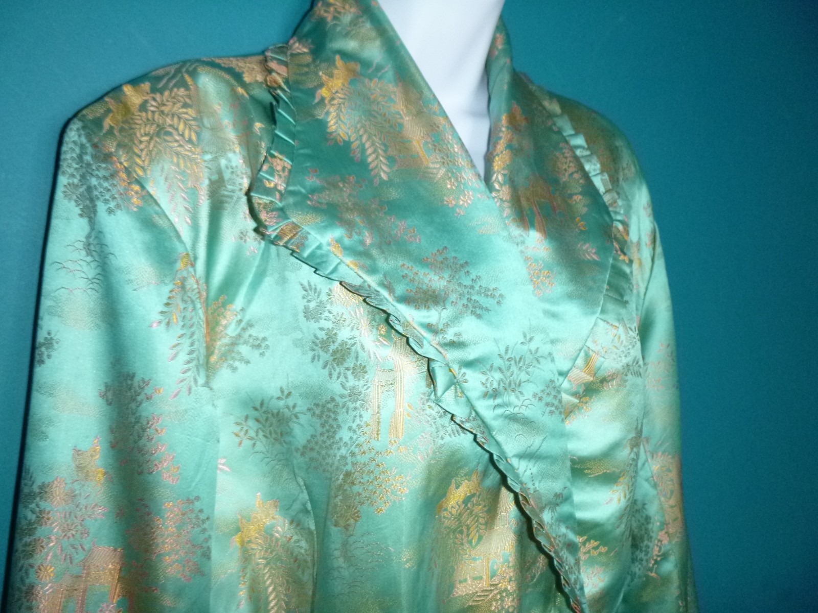 Vtg 40s 50s Aqua & Gold Satin Brocade Robe Dressing Gown Asian Motif Sz S/M