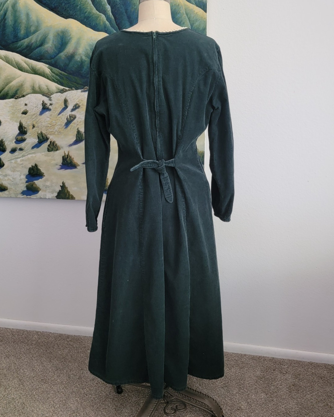 Vintage Corduroy Green Midi 10/L Dress Renaissance Festival Prairie Boho Cottage