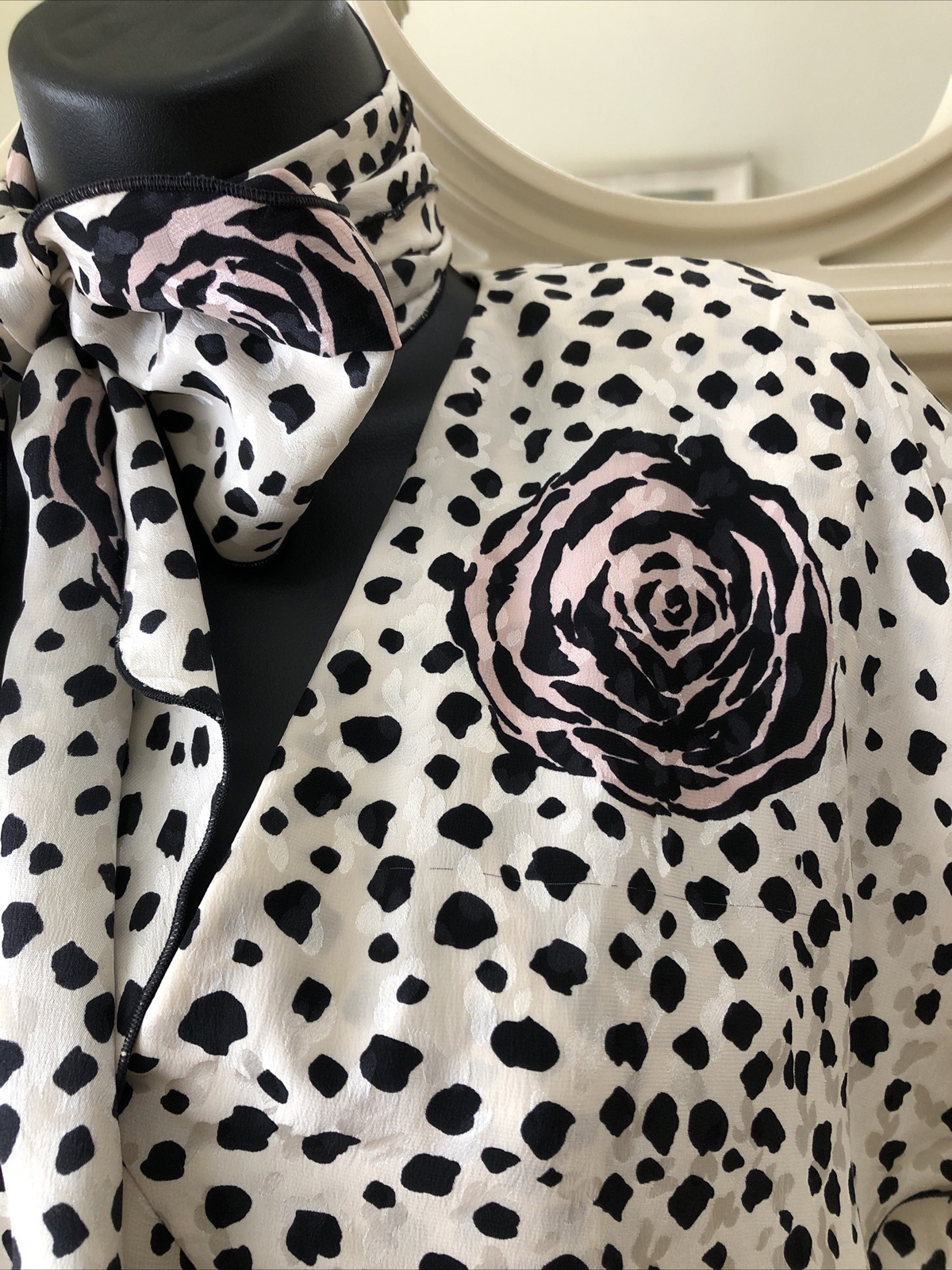 Holly Harp vintage 80s tiered floral & polk dot dress with pussy bow neck sash S