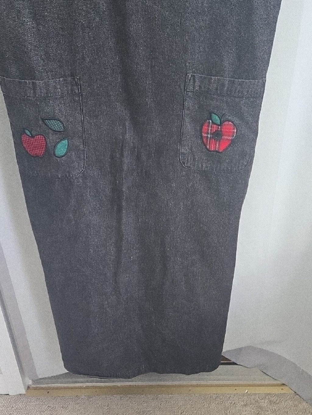 Vintage 90s Mandal Bay Black Denim Jumper Dress XL Apple Plaid Patchwork Maxi
