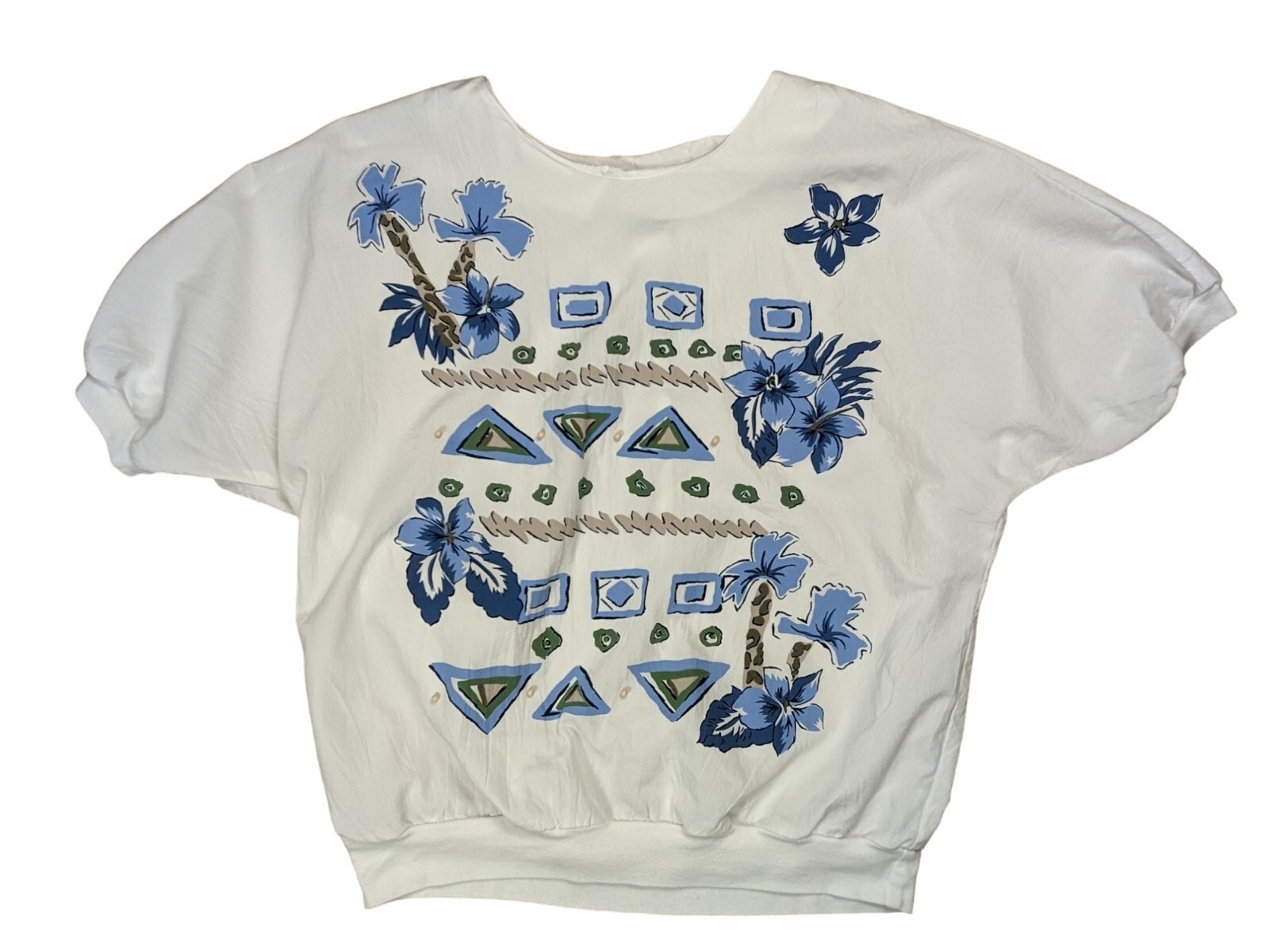 Vtg 80s/90s L/XL White Blue Floral Beaded Banded Waist Top Coastal Granny