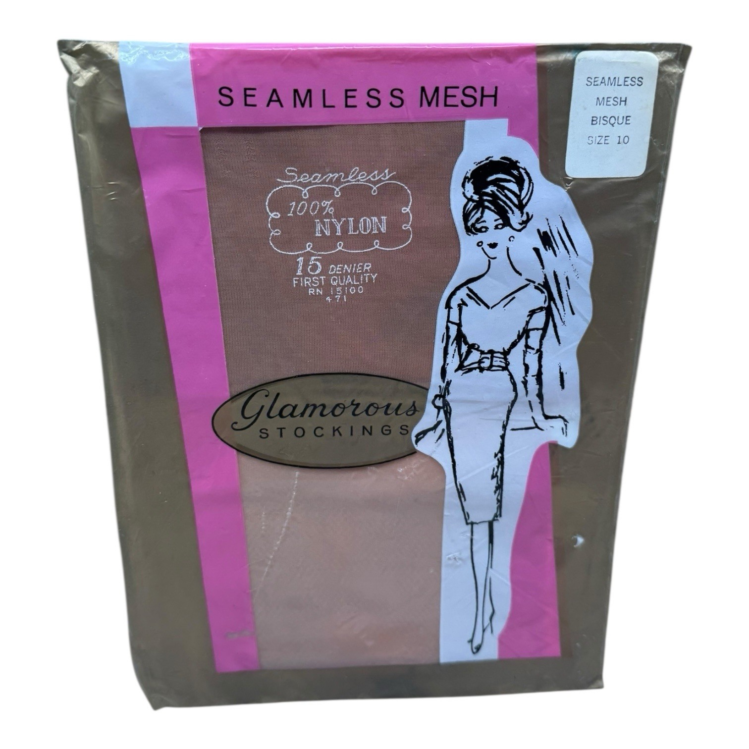 Vintage Glamorous Stockings Seamless Mesh size 10 Bisque First Quality Nylon