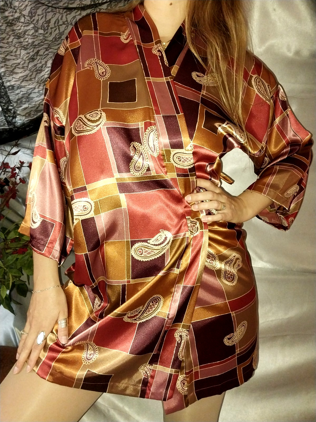 VTG SATIN SHINY GOLD BROWN ROSE PINK GEO PRINT BABYDOLL ROBE GOWN SET NOS L NEW