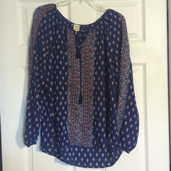 Faded Glory Blue Boho Peasant Blouse XXL 20 Geometric Floral Tassel Rayon 622