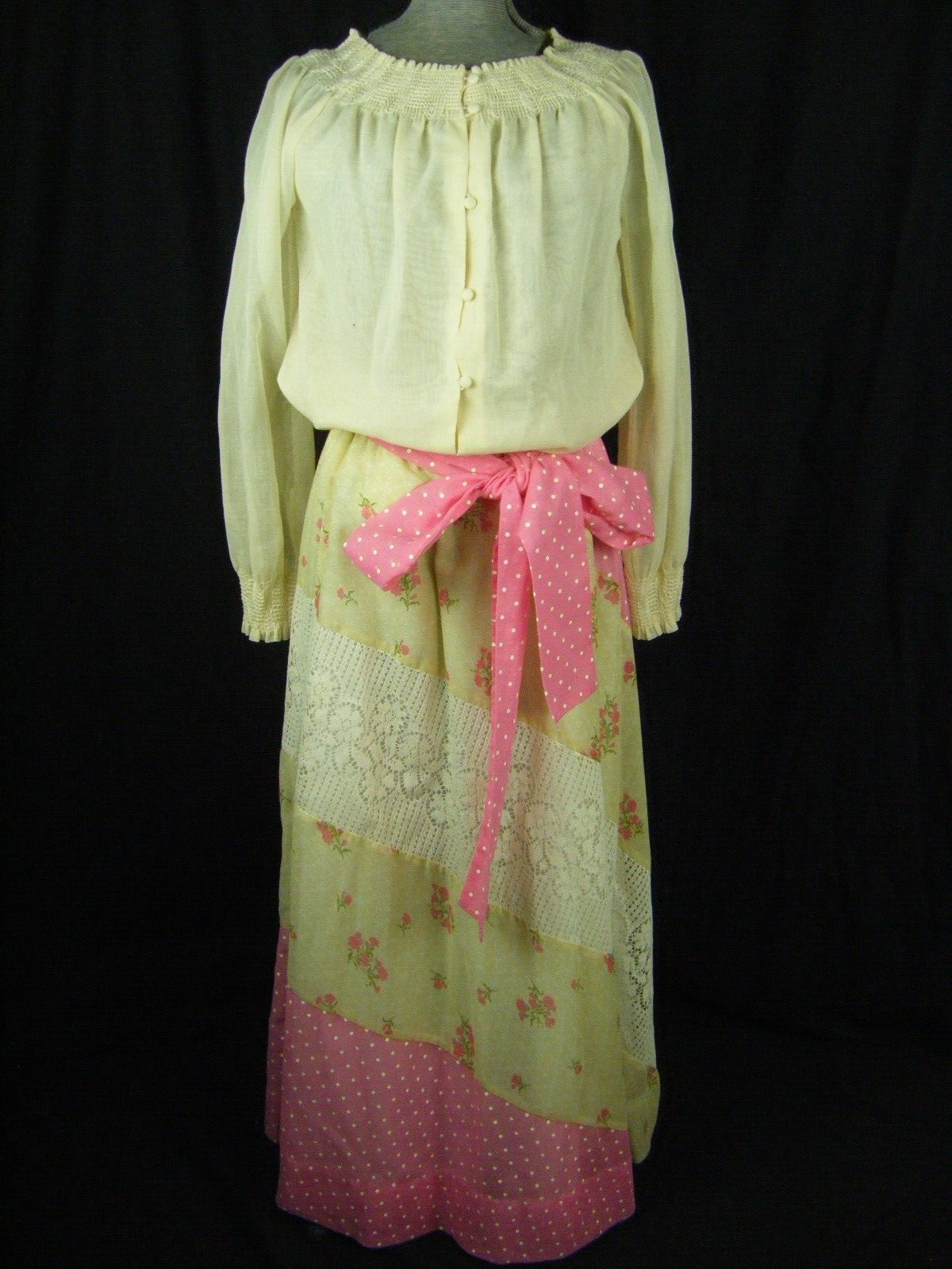 CHESSA DAVIS Vtg 70s Ivory/Pink Romantic Blouse Belt & Skirt-Bust 45/Waist 25-30