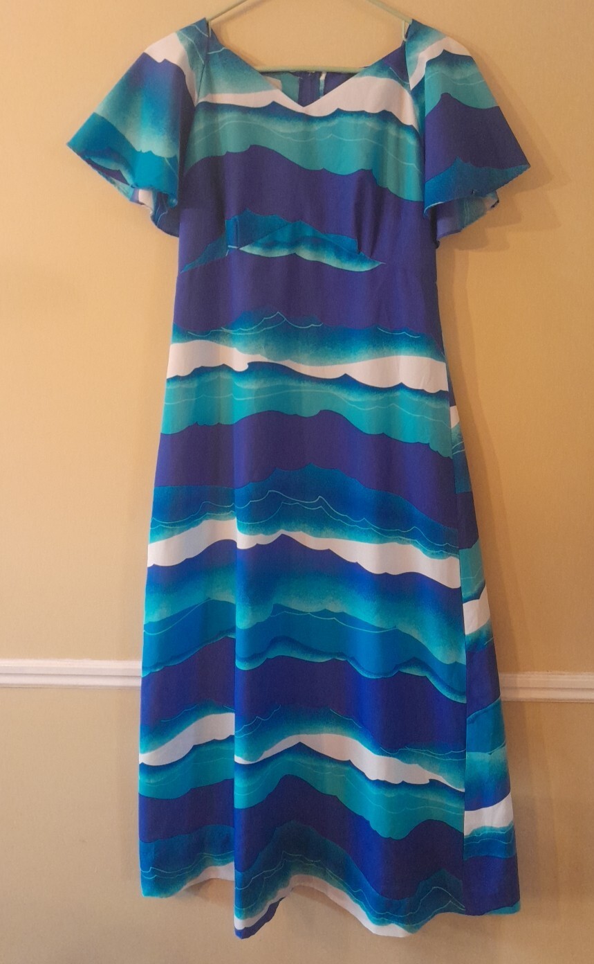 Hukilau Fashions 60’s Vintage Hawaiian Dress XXS? Maxi Blue White Green READ