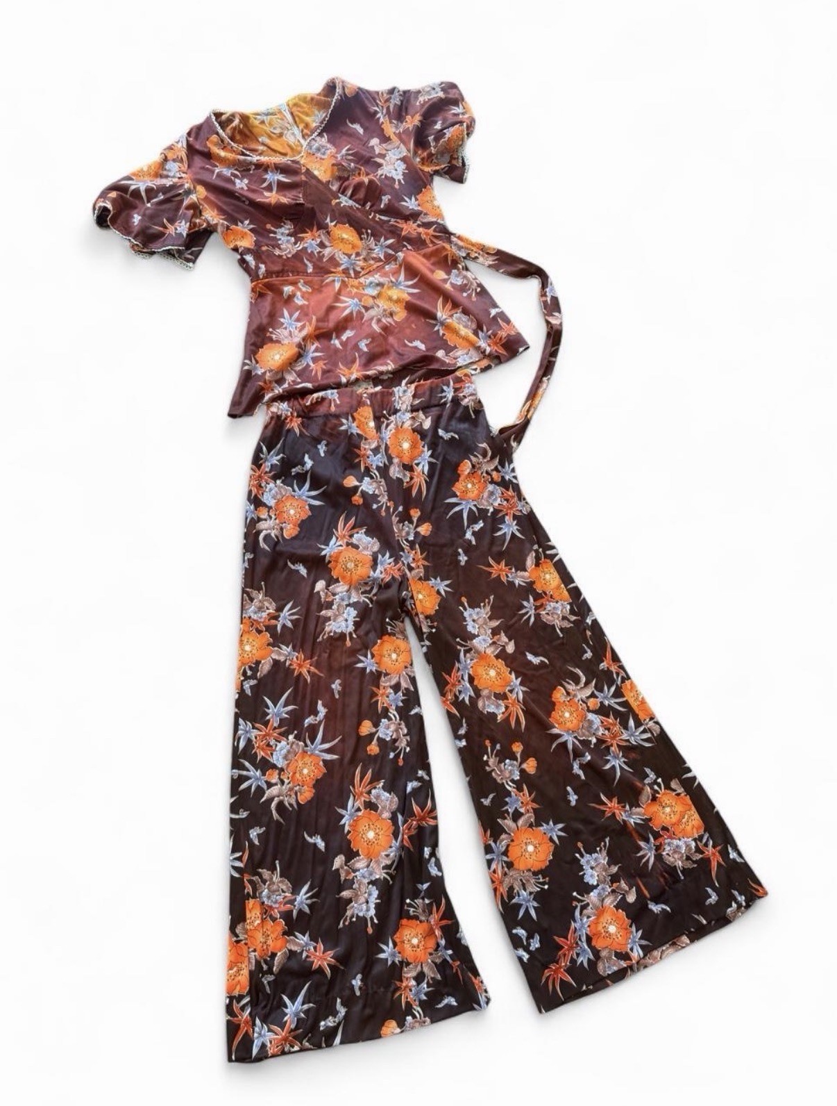 1970s Chocolate Brown Floral Pant Set