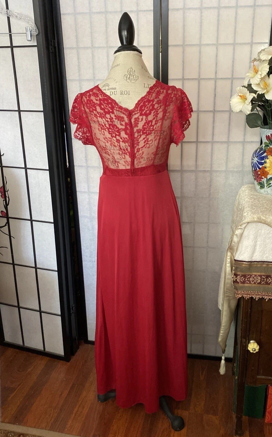 Vintage 50/60s ILGWU (USA) Mauve-Red Maxi Gown & Robe Set-M Luxurious Romantic