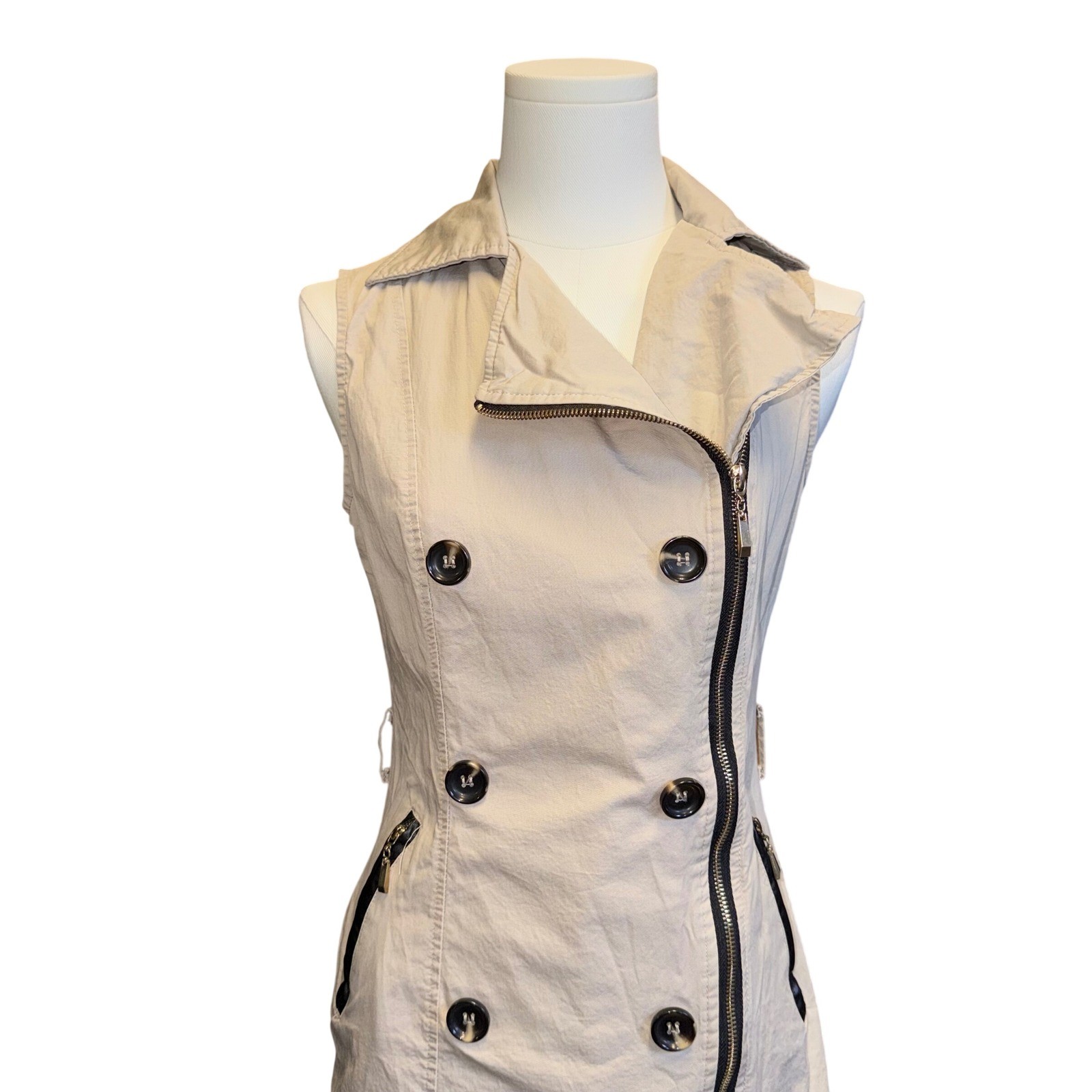 Vintage Tan Sleeveless Trench Mini Dress Khaki Double Breasted Zip Front Small