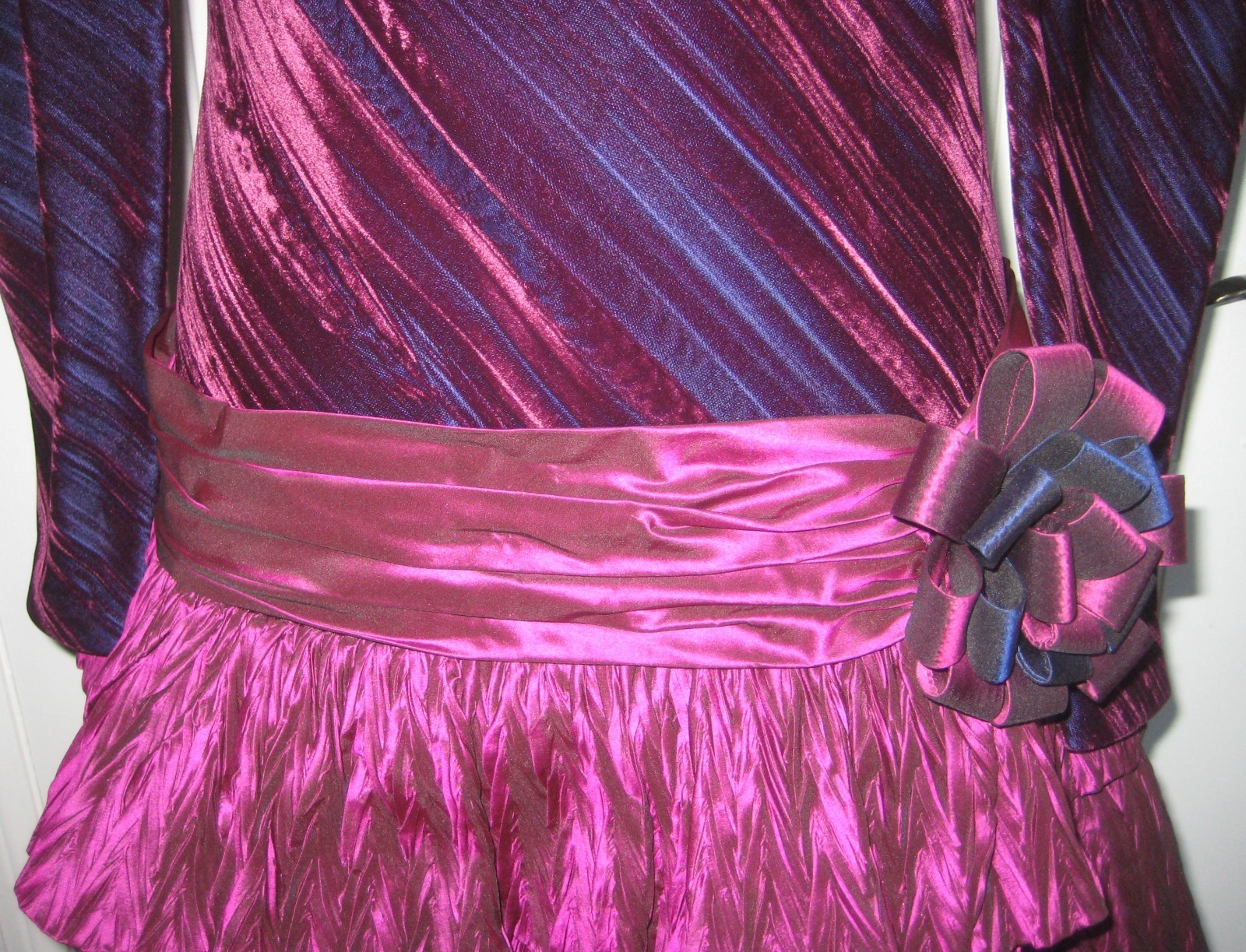 Vintage 80s burgundy/wine velveteen dropwaist taffeta tiered ruffles party dress