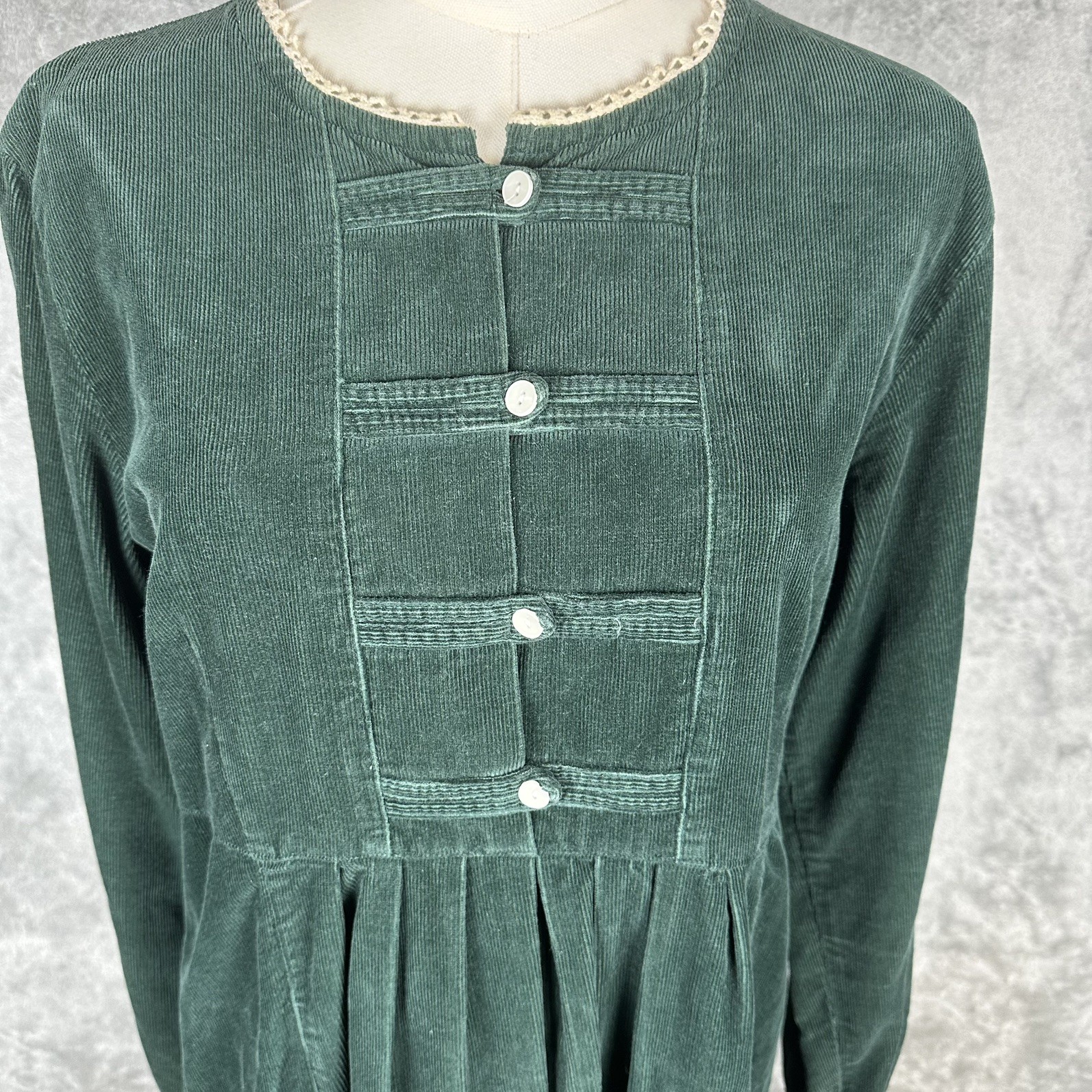Vintage Corduroy Green Midi 10P Dress Renaissance Festival Prairie Boho Cottage