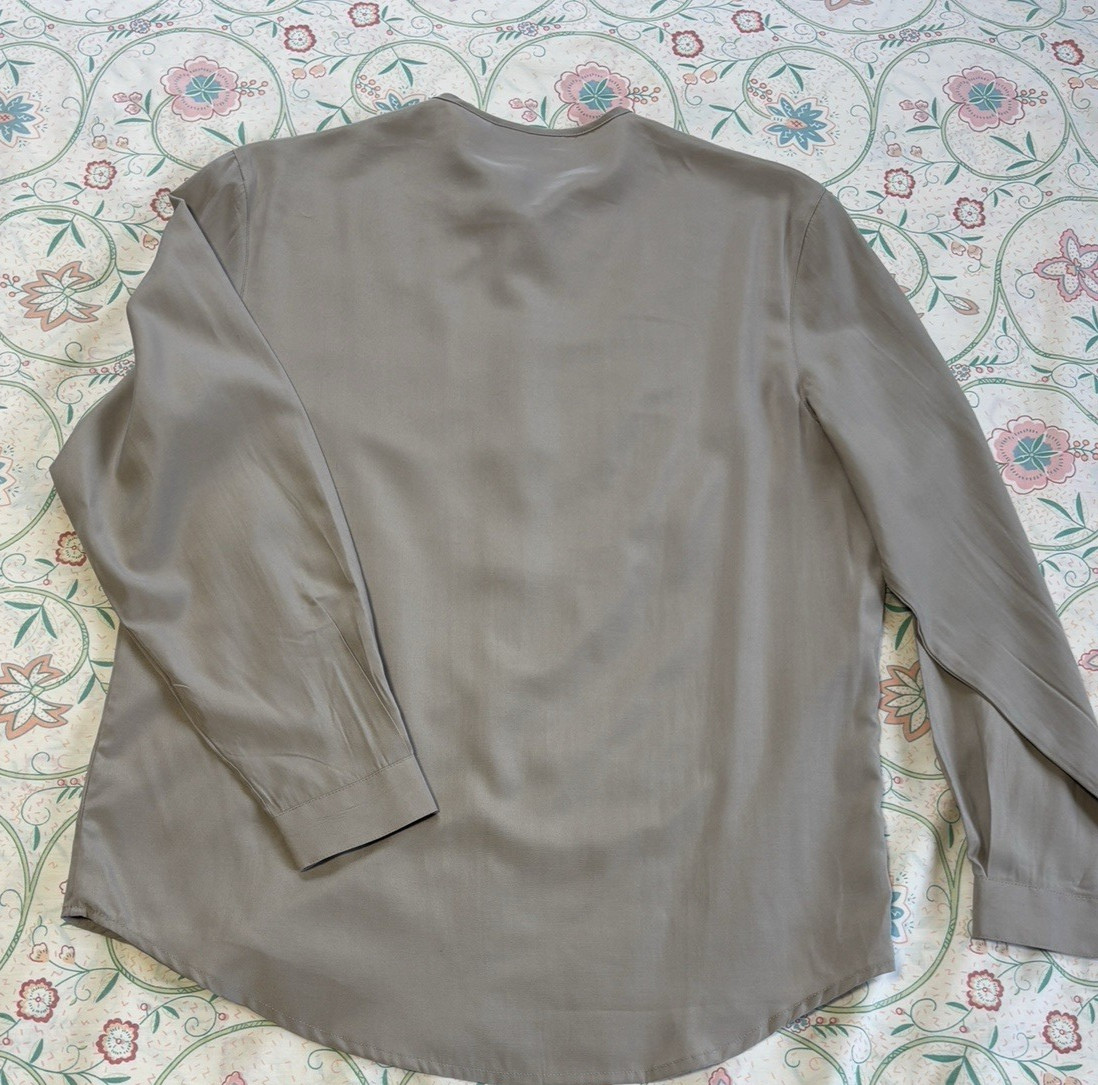 Vintage Classique Collections Taupe Tie Neck Blouse Covered Buttons Small 1990s