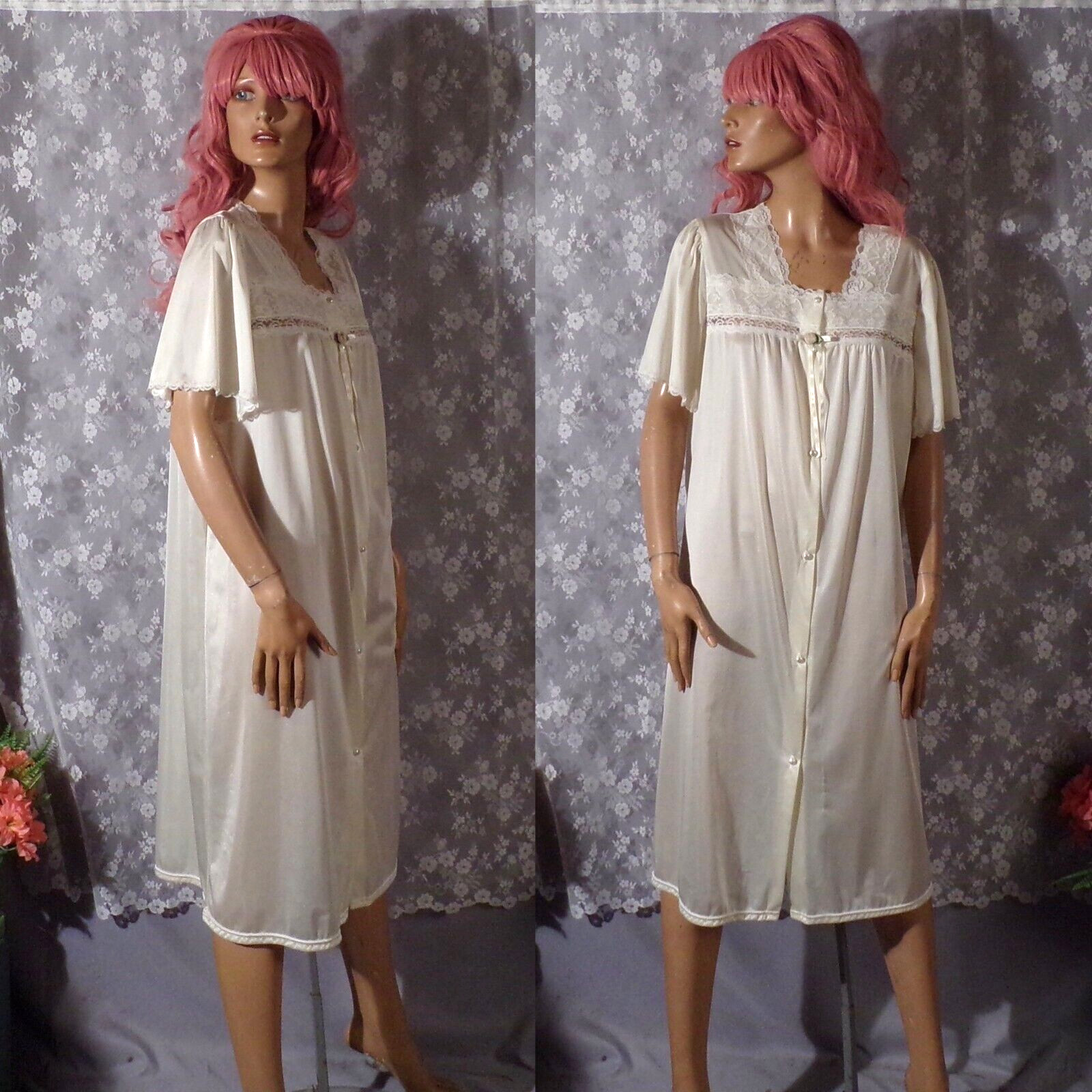 Vintage Cream Lace Robe Size Large 80s Retro Nylon Coquette Granny Light Weight