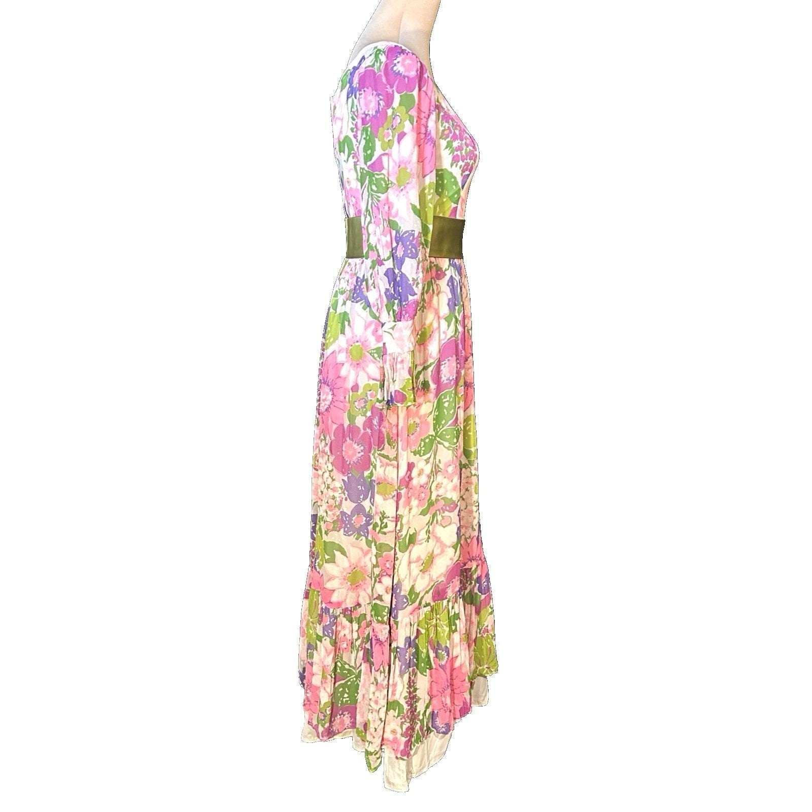 Vintage 70s Fairycore Vibrant Floral Dress Sheer Juliet Sleeves Velvet Sash USA