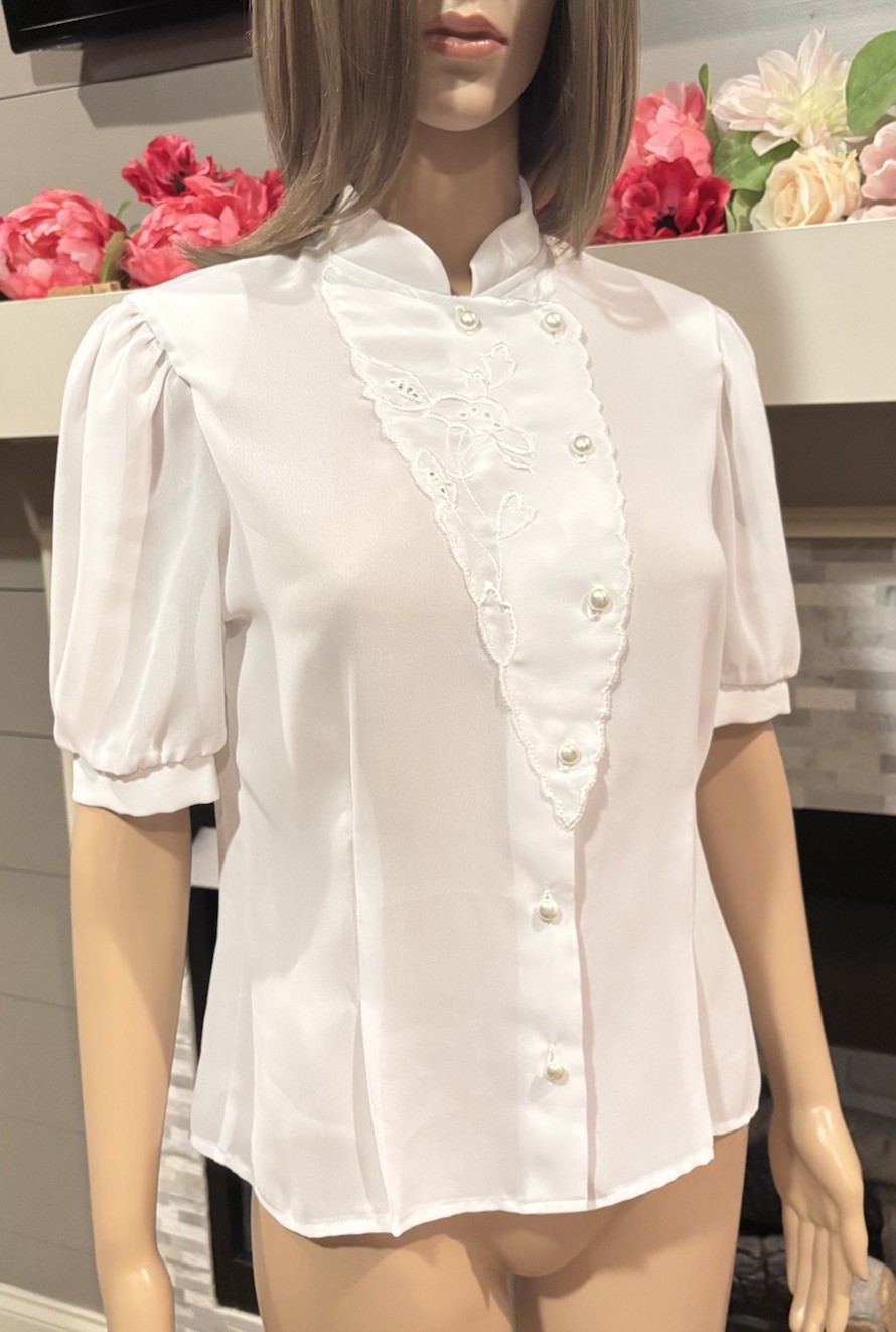 Vtg 50’s white sheer nylon chiffon embroidered secretary geek tailored blouse