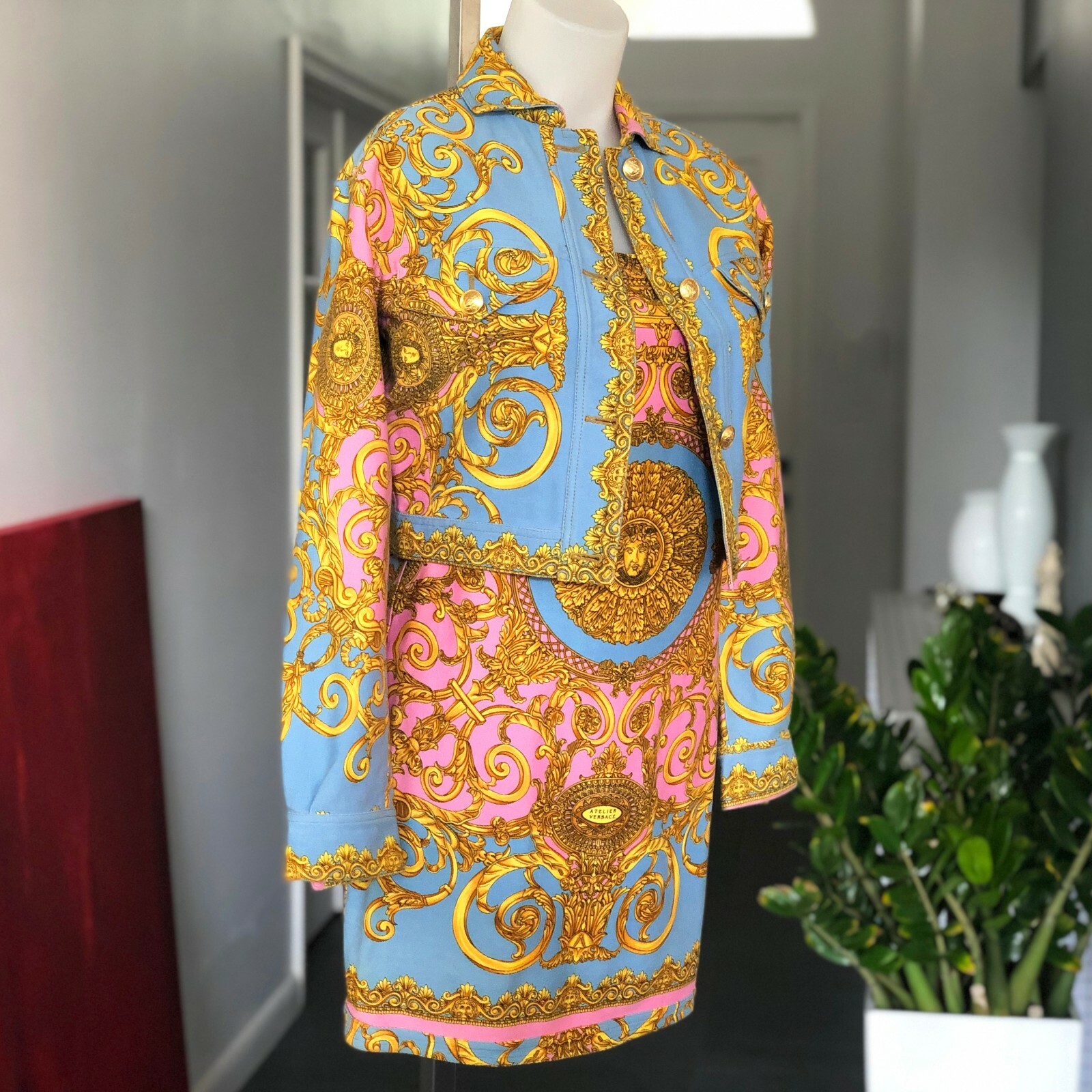 GIANNI VERSACE denim jacket & mini dress Golden Vanitas print 42 from S/S 1992