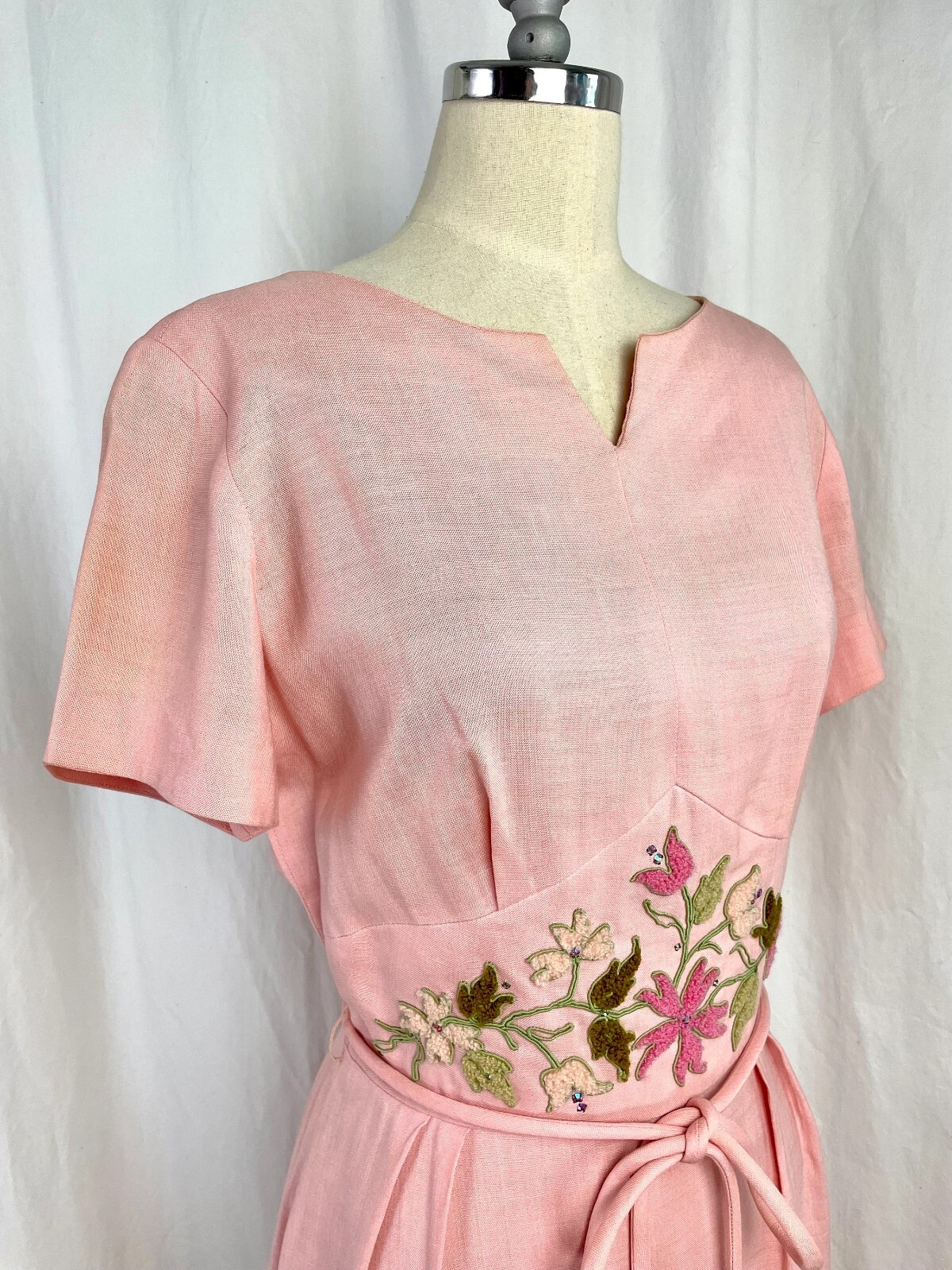 Vintage 60s Small Fashionmaker Original pink with soutache waist belted Dress
